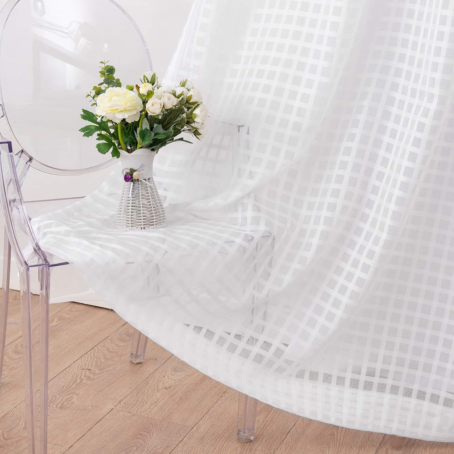 Melodieux Cortinas traslúcidas blancas con textura de algodón de 96 pulgadas de largo para sala de estar, cortinas de gasa con bolsillo para barra,