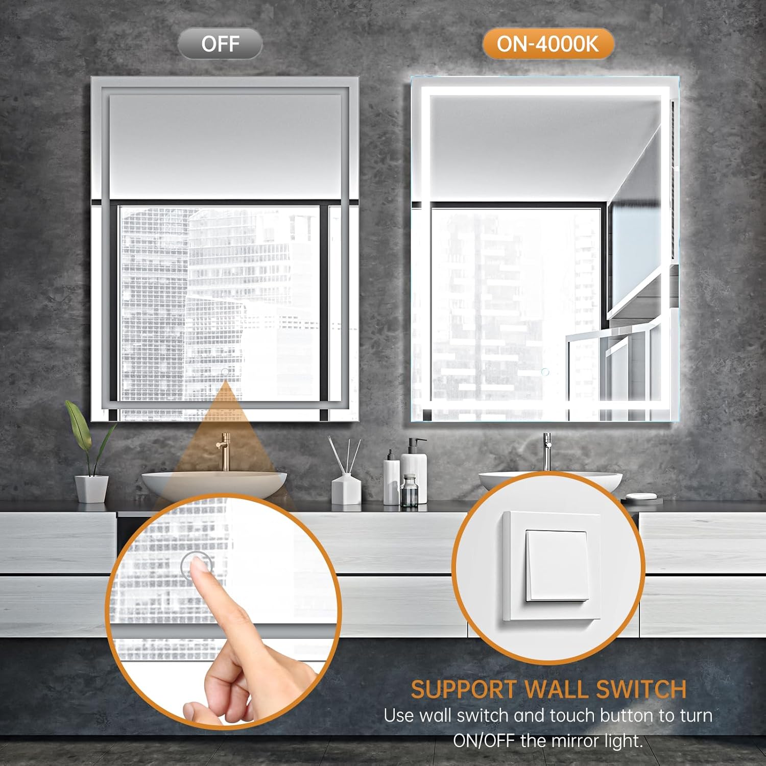 NARCISSUS Espejo de baño LED, espejo de tocador de baño de 40 x 24 pulgadas con luces, espejo LED, espejos iluminados para pared de baño, botón