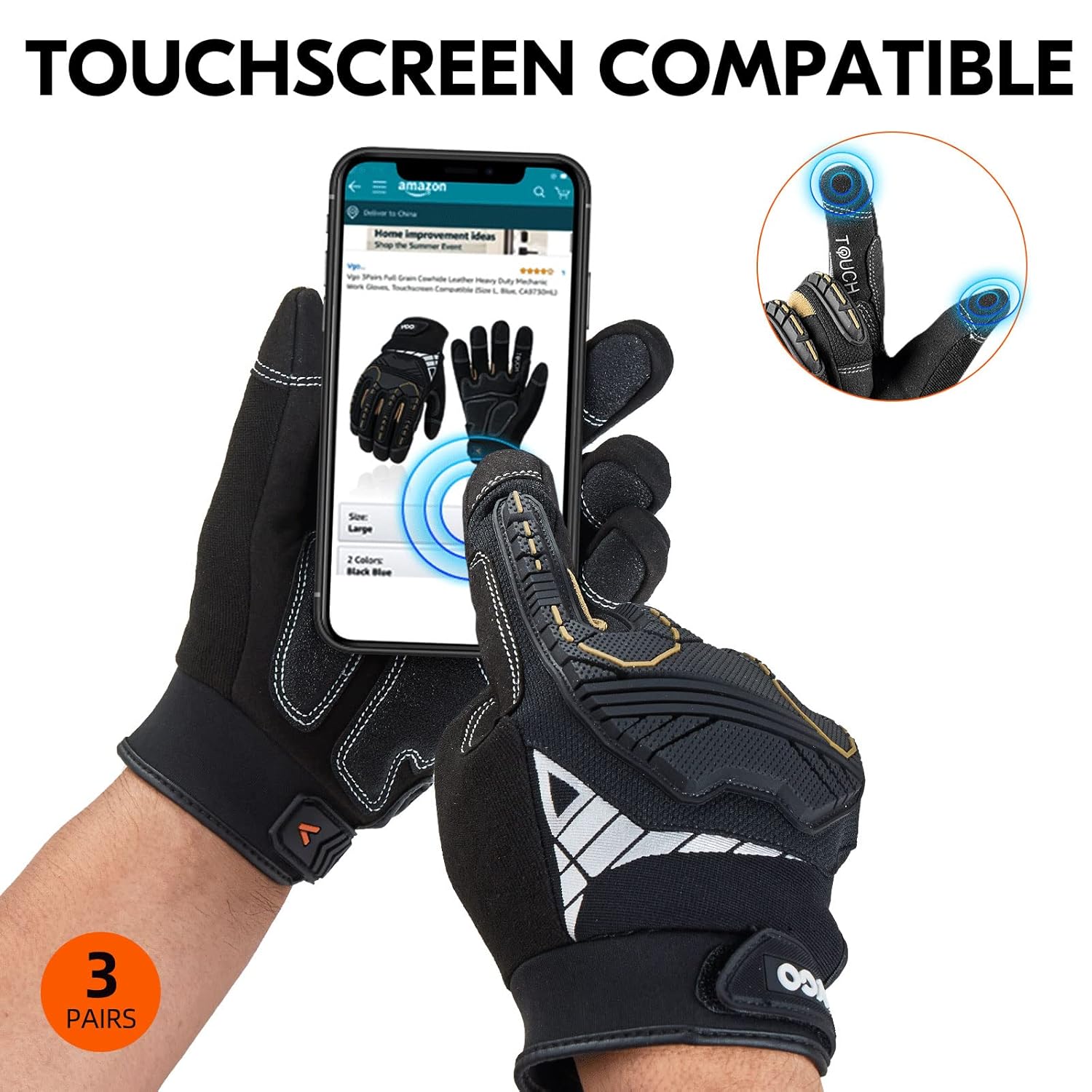 Vgo – 3 pares de guantes sintéticos para protección de impactos, para mecánicos y perforadores, alta destreza, reduce vibraciones, compatibilidad