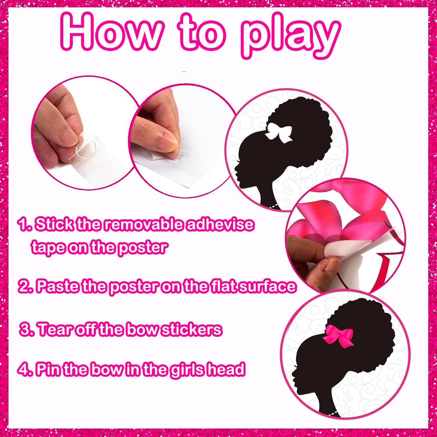 Decoraciones de fiesta rosas para niñas, decoraciones de cumpleaños de niñas negras, juegos de fiesta, pin el lazo en la cabeza de las niñas, juego