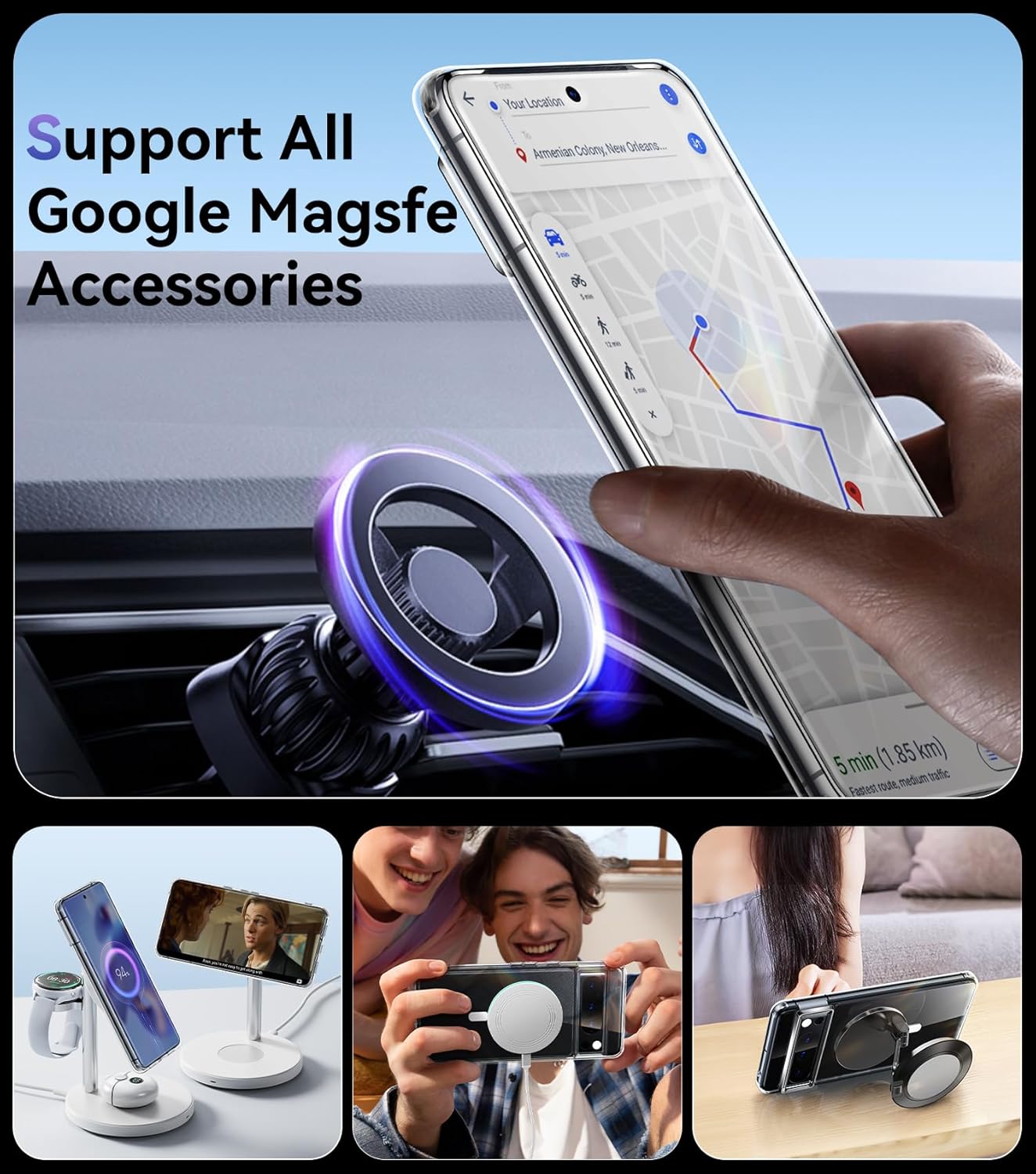 Juntone Funda magnética para Google Pixel 8 Pro transparente compatible con MagSafe no amarilla protección contra caídas de grado militar de 10 pies