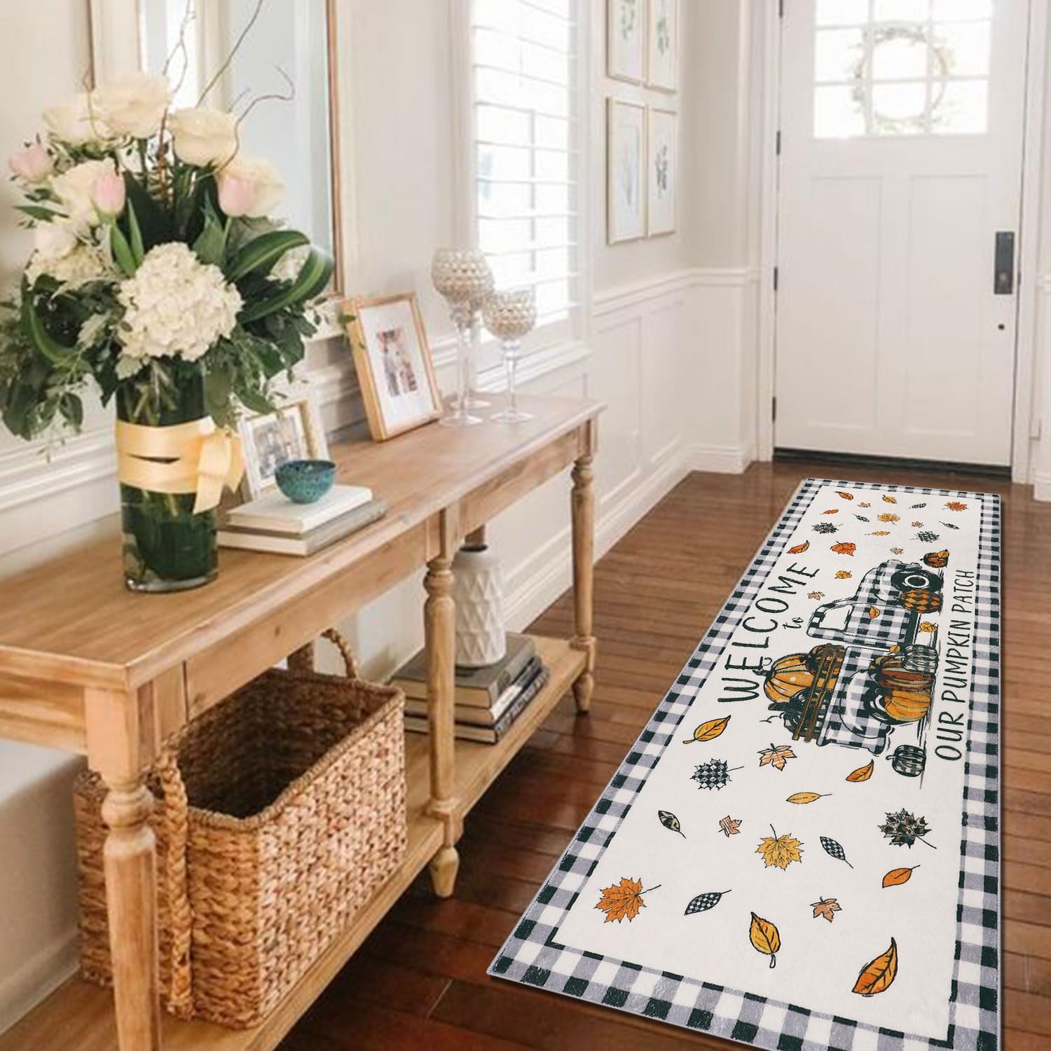 Homcomoda Alfombra de pasillo de granja de 2 x 6 pies, antideslizante, hojas de arce para otoño, alfombra de pasillo de cocina, alfombra lavable