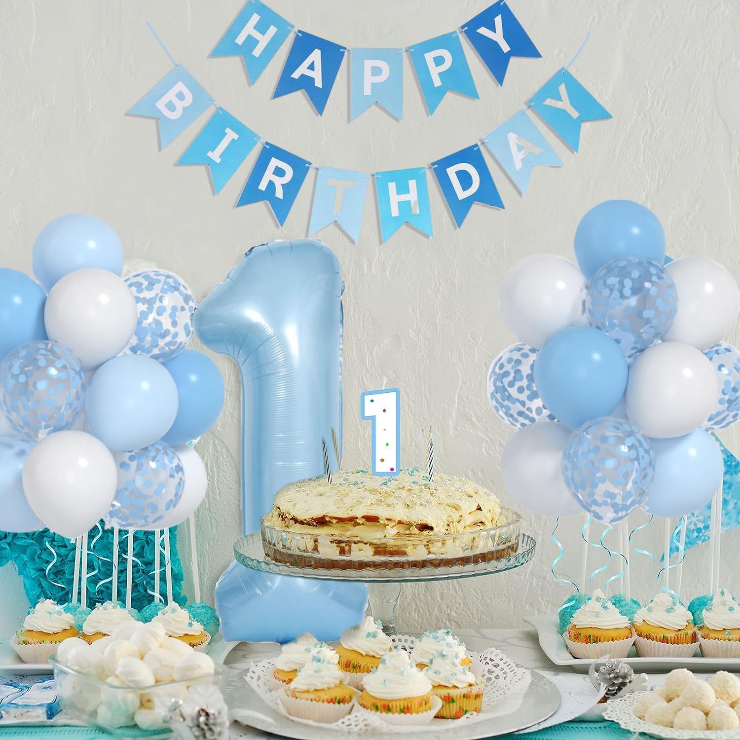 Globos de color azul y blanco bebé y 1 globo de 40 pulgadas, decoraciones de primer cumpleaños para niño con globos de confeti azul y blanco,