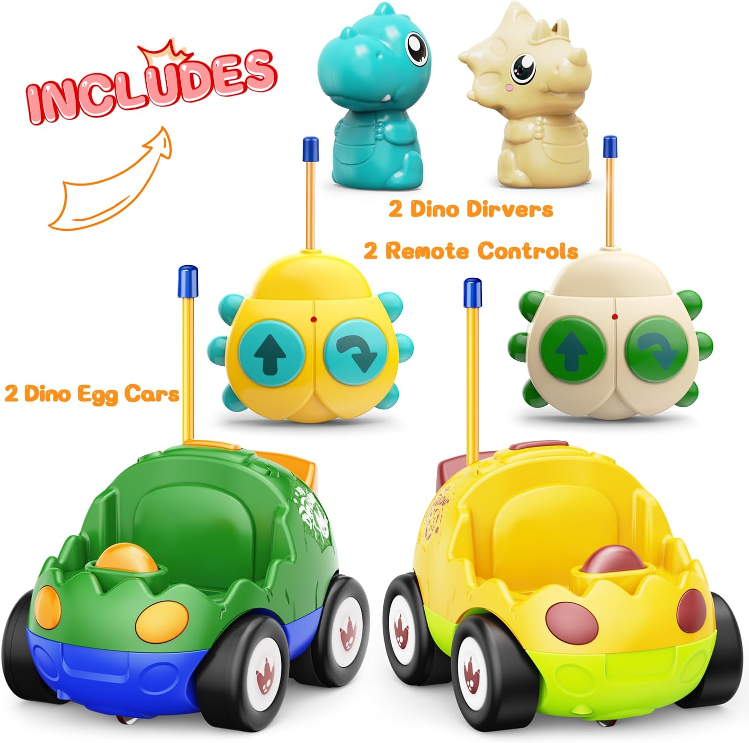 Paquete de 2 autos a control remoto para niños de 2, 3, 4, 5 años, juguetes de dinosaurios para niños pequeños con música, luces y efecto de sonido,