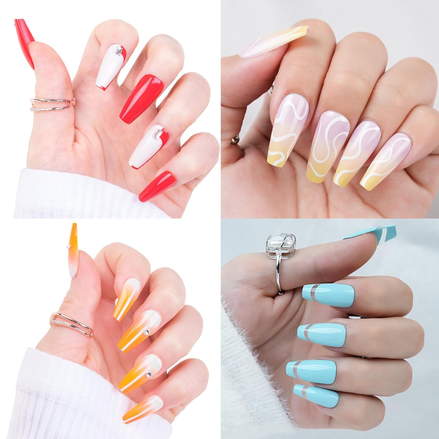 12 paquetes (288 piezas) de uñas postizas medianas a presión, uñas postizas largas con diseño cuadrado de pegamento en uñas acrílicas de cobertura