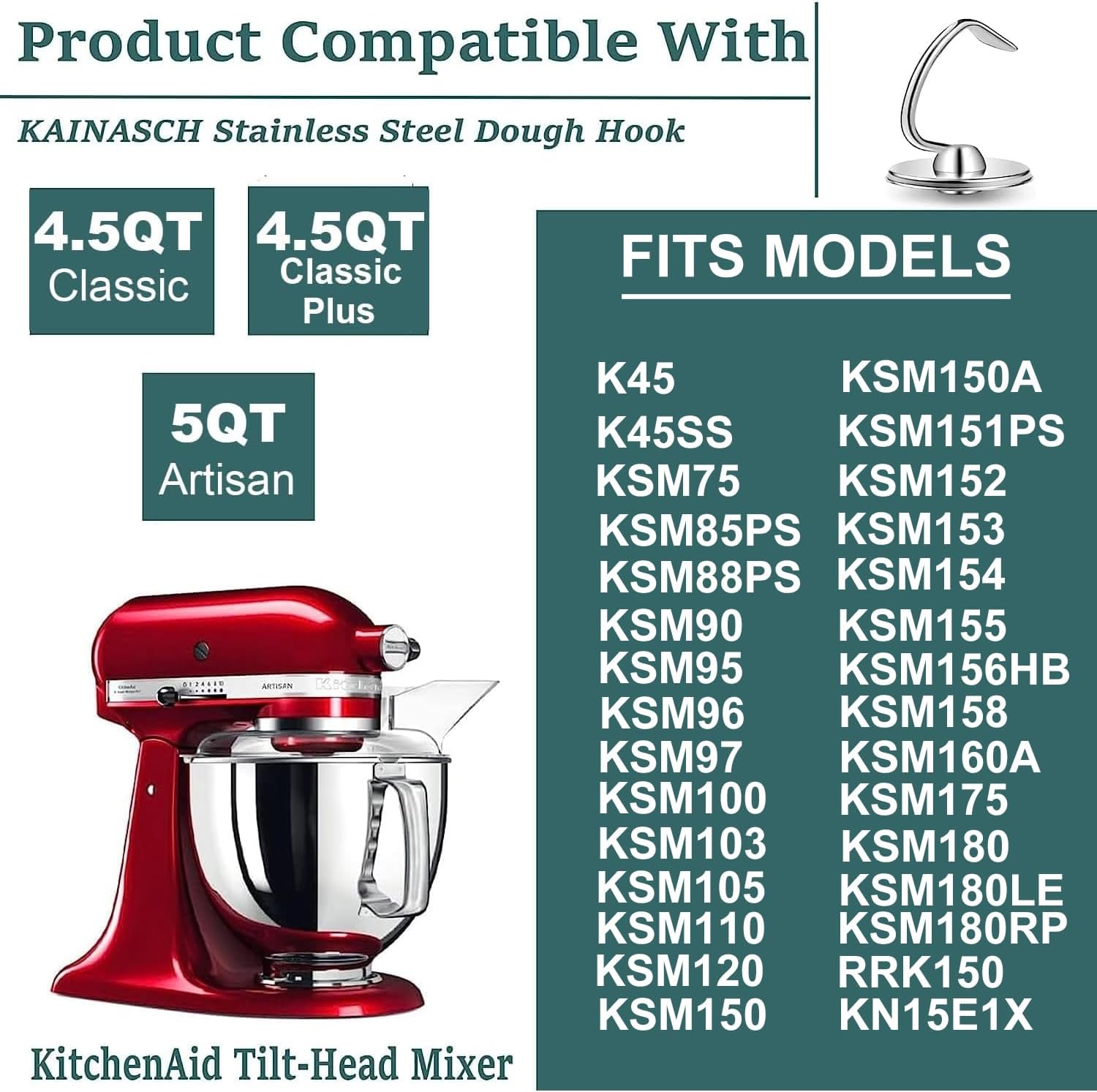 Accesorio para mezcladores, batidor de borde flexible de acero inoxidable K45DH Gancho de masa K45WW Látigo de 6 hilos para KitchenAid 4.5-5 cuartos