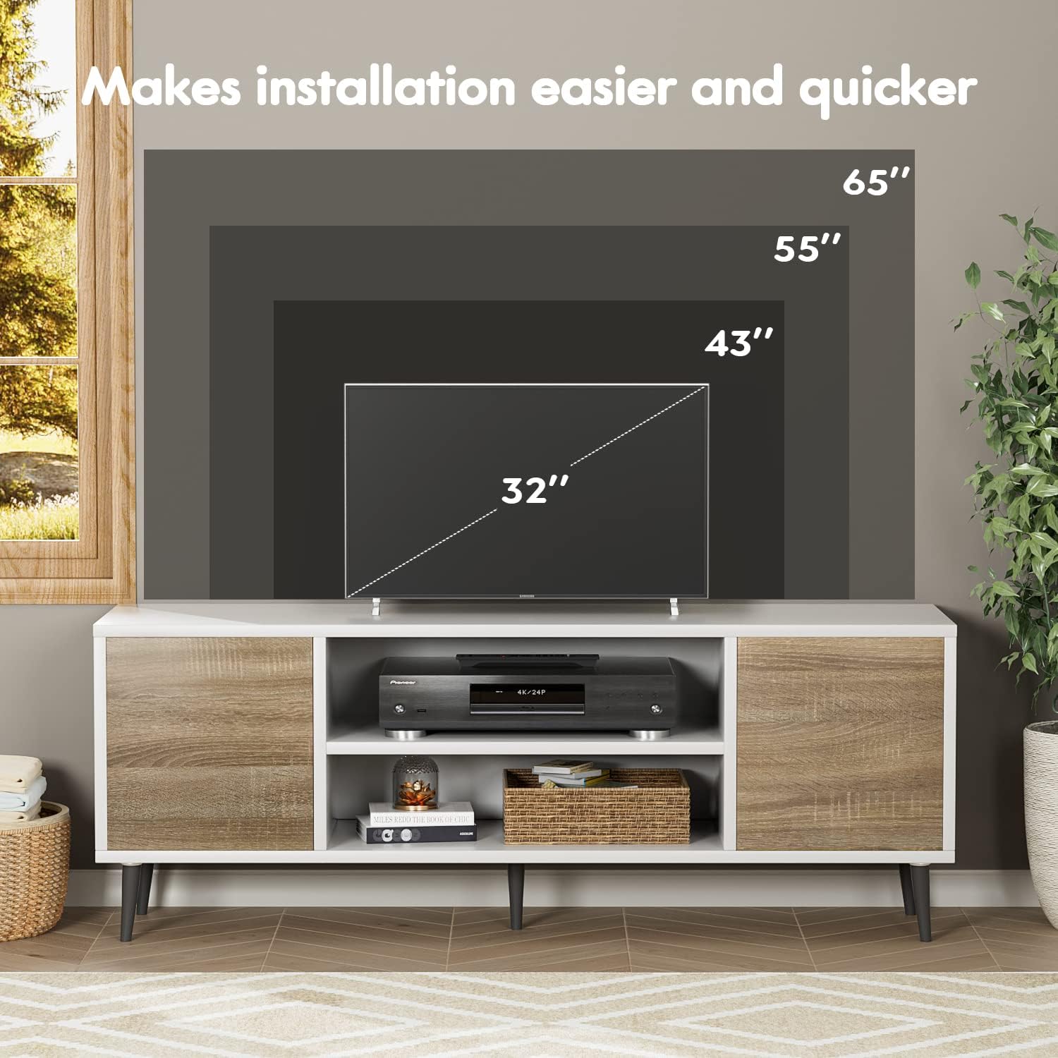 YESHOMY Moderno soporte de TV para televisión de 65 pulgadas, centro de entretenimiento con dos gabinetes de almacenamiento, consola multimedia de