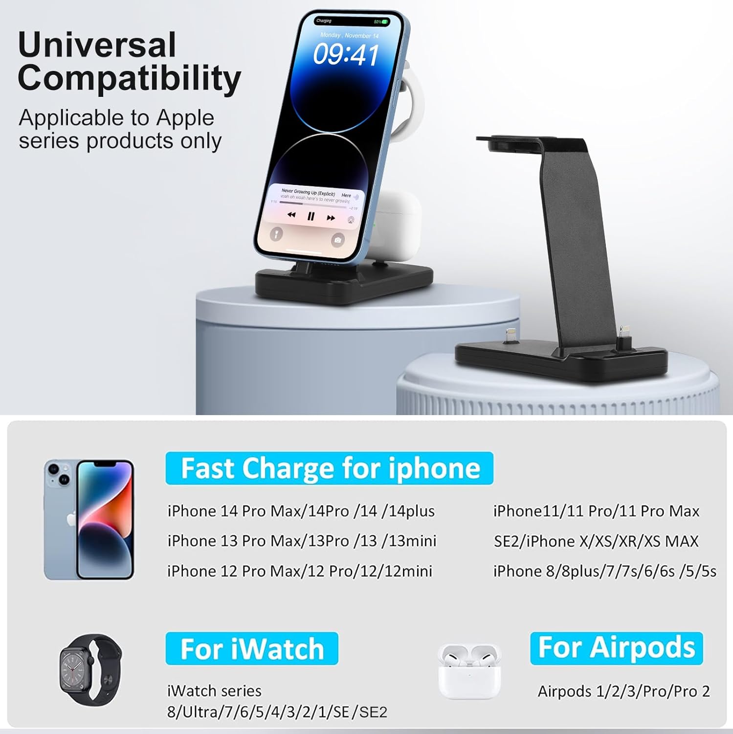 Estación de carga de aluminio 3 en 1 para iPhone 14131211ProMaxXSXRX8Plus, soporte de cargador de reloj Magentic para Apple Watch Series