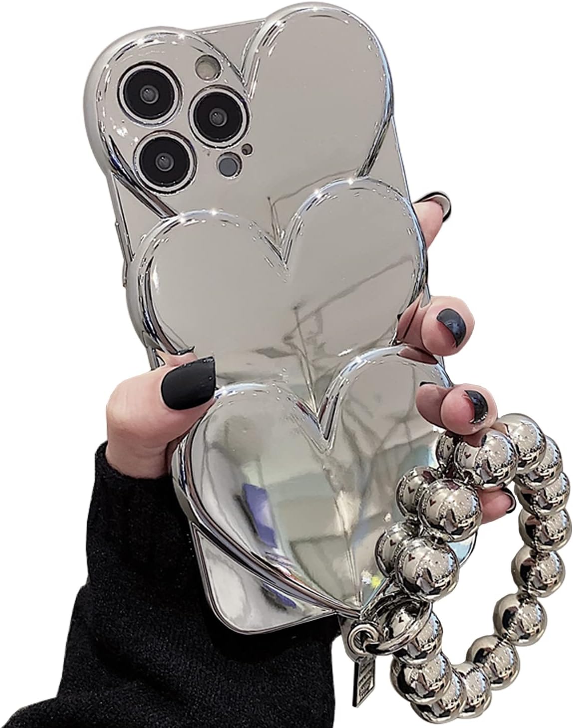 Bonita funda compatible con iPhone 11 Pro Max de 6.5 pulgadas, funda de corazón de dibujos animados 3D con bonita pulsera de cadena, protector de