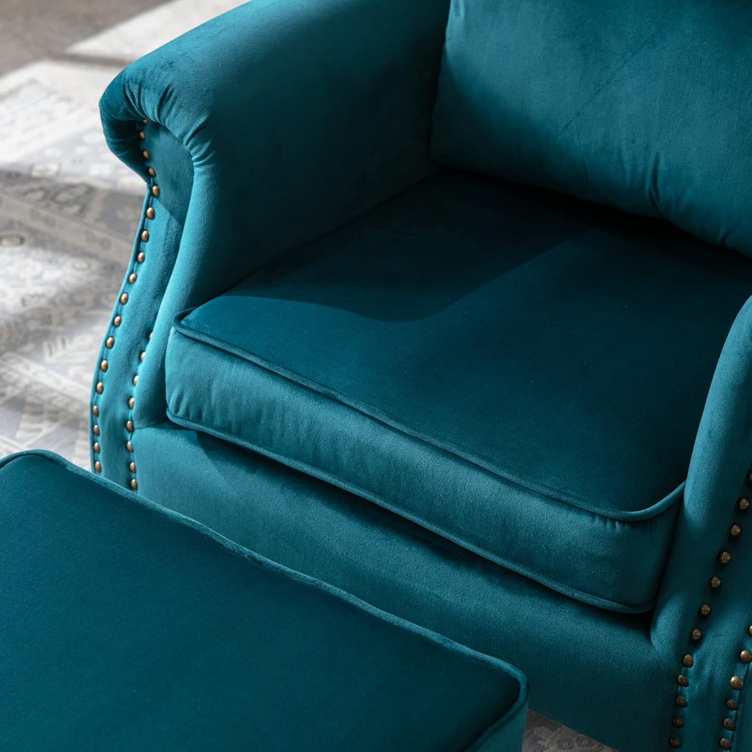 Silla decorativa moderna de mediados de siglo, sillón tapizado, cómodo sofá individual de terciopelo con respaldo copetudo con otomana para