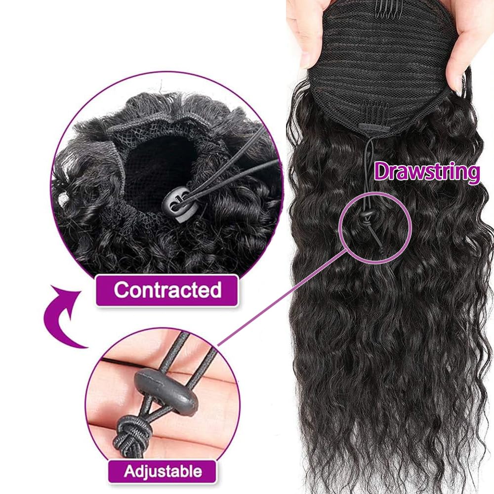 Extensión de cabello humano con cordón de 16 pulgadas, color negro natural para mujer, extensiones de cola de caballo con clip, extensiones de cola