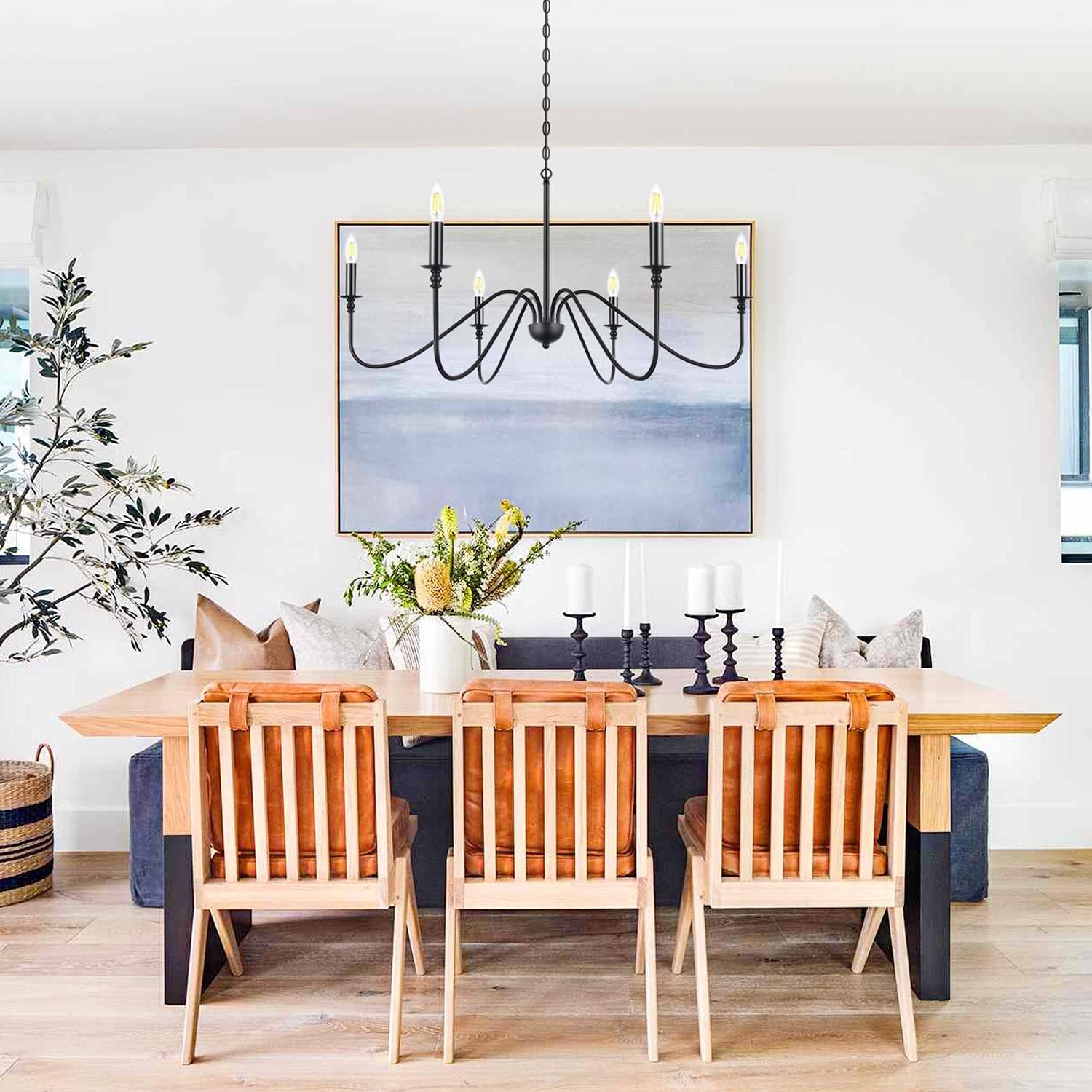 Congratsu Candelabro de 6 luces estilo casa de campo, color negro mate, lámpara colgante clásica para techo, lámpara colgante rústica para comedor,