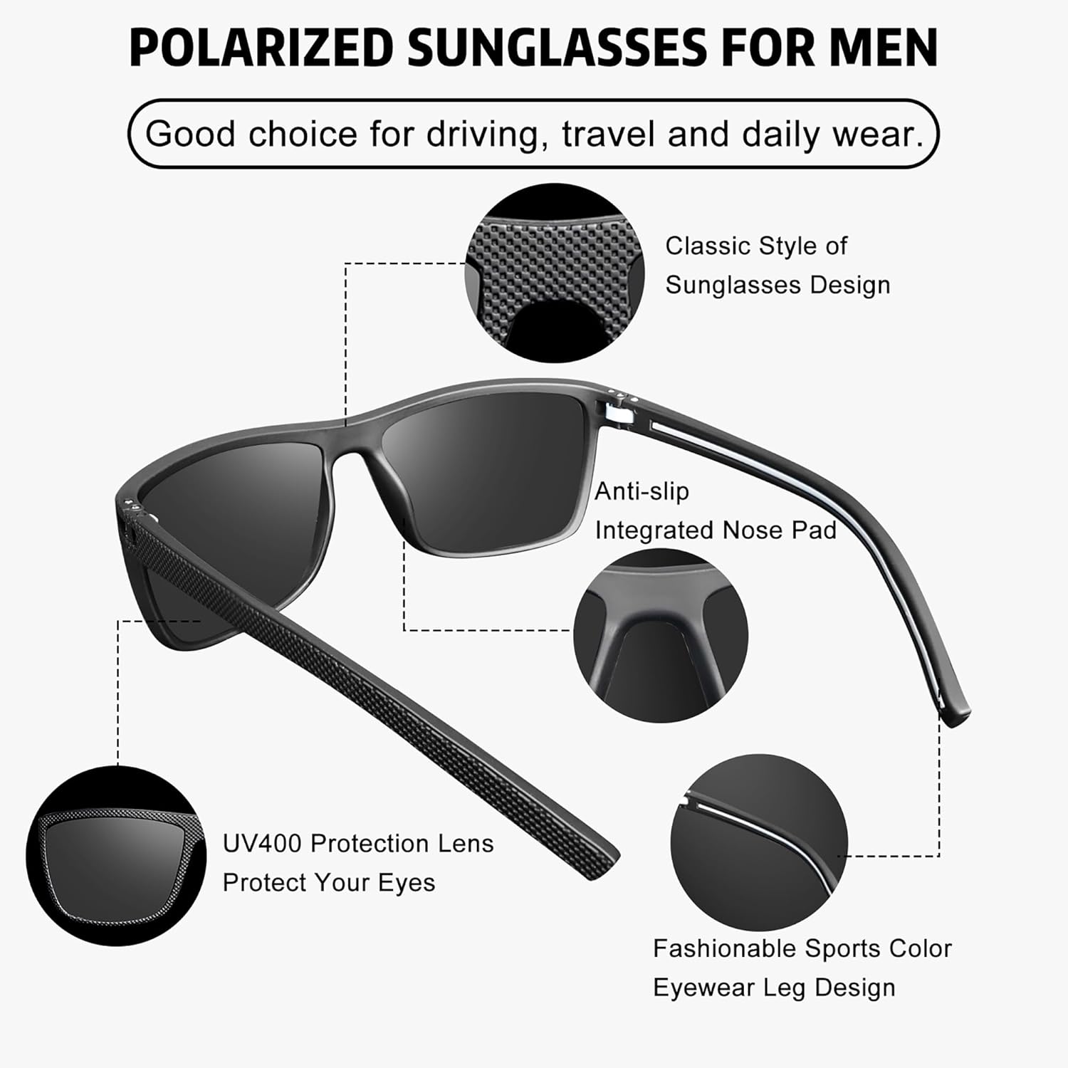 Salfboy Gafas de sol polarizadas para hombre, protección UV, ligeras, rectangulares, para pesca, conducción