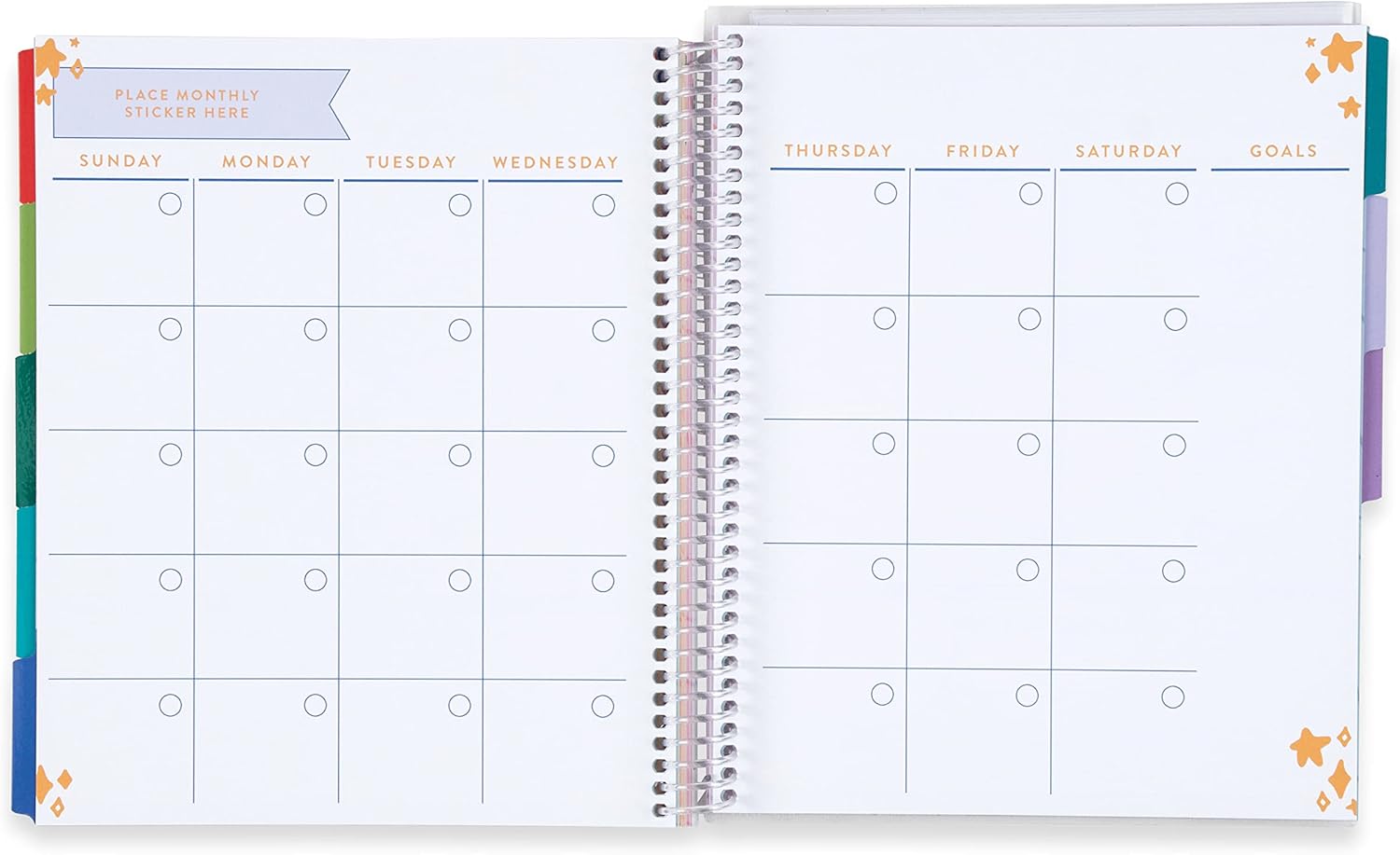 Planificador de plástico con espiral de 7 x 9 pulgadas, con diseño de espiral, sin fecha, calendarios, registros de lectura, calcomanías,