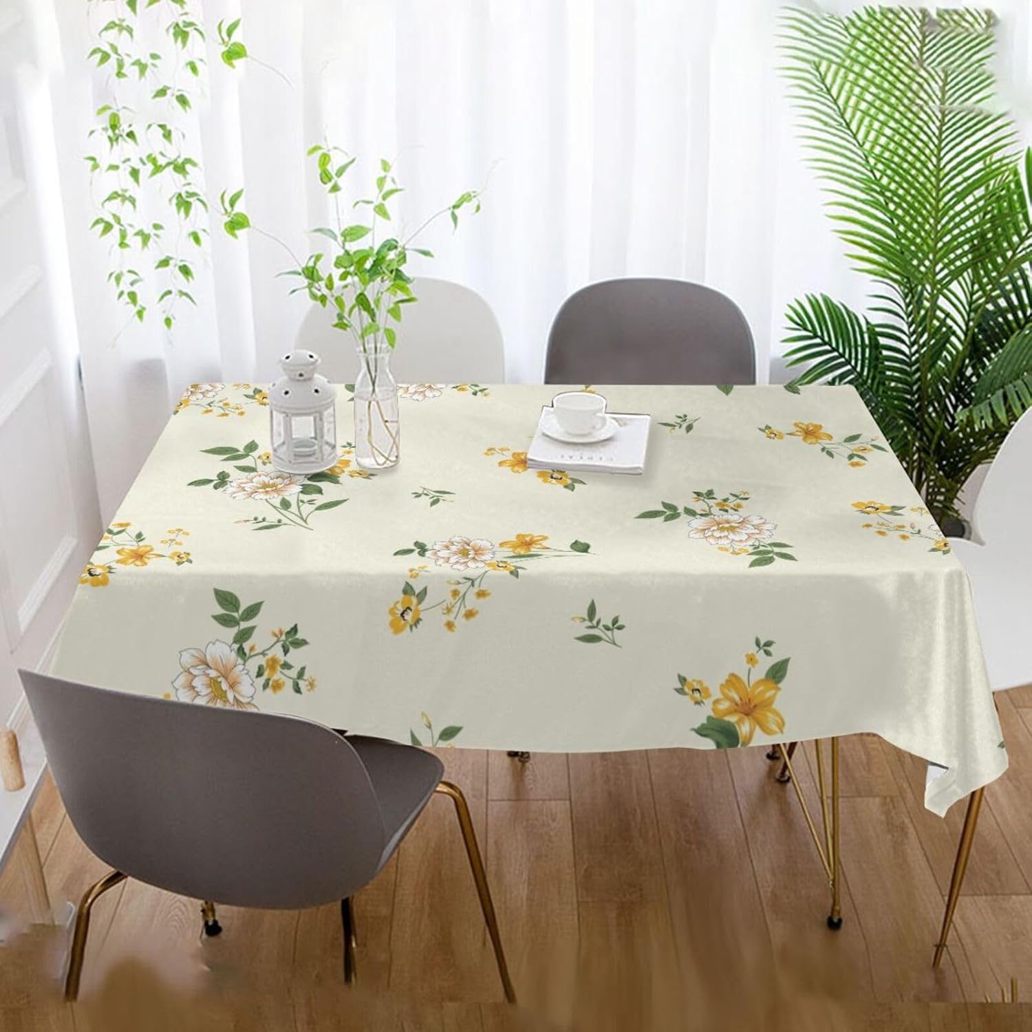 ZOEO Mantel rectangular con estampado de flores sobre amarillo, moderno, mantel de cocina y comedor, mantel decorativo lavable para fiestas, picnic,