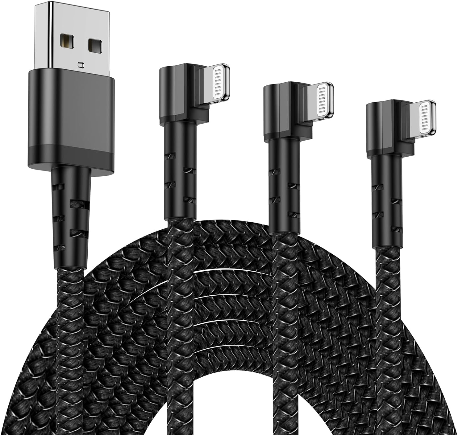 Paquete de 3 cargadores de iPhone de 90 grados de 6 pies, cable de carga Apple iPhone de nailon en ángulo recto de 6 pies, cable Lightning de 6 pies