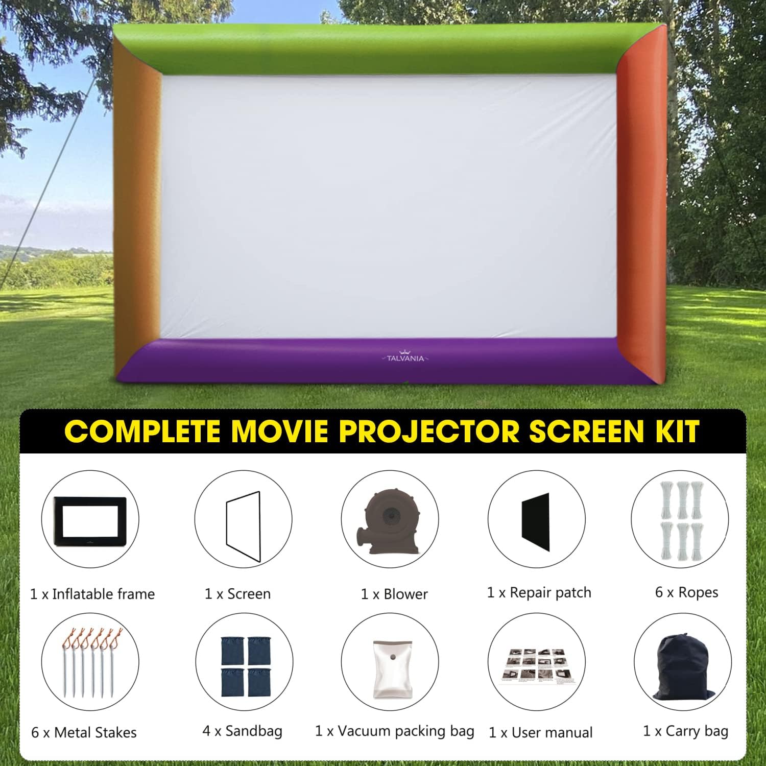 Pantalla de proyector inflable de 14 pies para ver películas de TV en exteriores e interiores, soplador, amarre, estacas, bolsas de arena y bolsa de