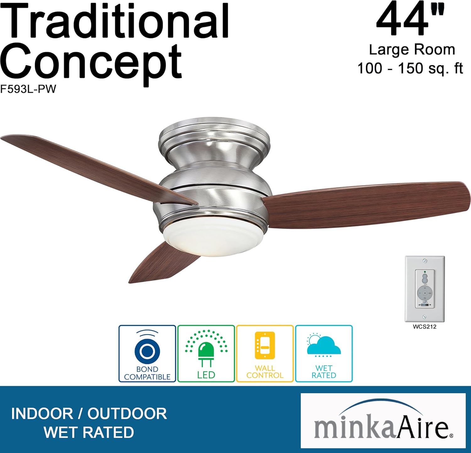 Minka-Aire F593L-PW Tradtional Concept Ventilador de techo empotrado de 44 pulgadas con luz LED integrada de 14 W en acabado de peltre