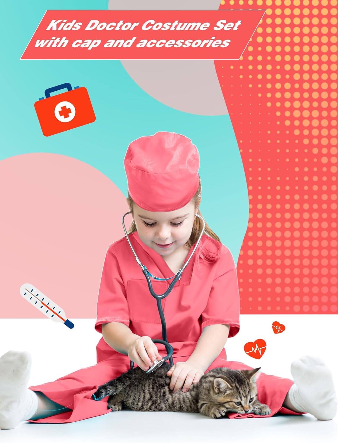 Puteraya Conjunto de disfraz de médico para niños, uniforme quirúrgico para niños y niñas, disfraz de Halloween, cosplay