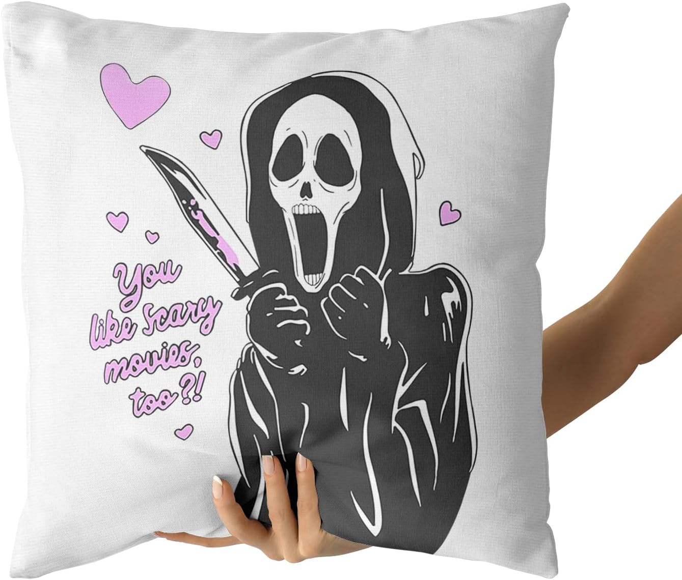 Funda de almohada blanca con texto en inglés “You Like Scary Movies Too Pink Ghost Scary Face” (“You Like Scary Movies Too Pink Ghost Scary Cara”),