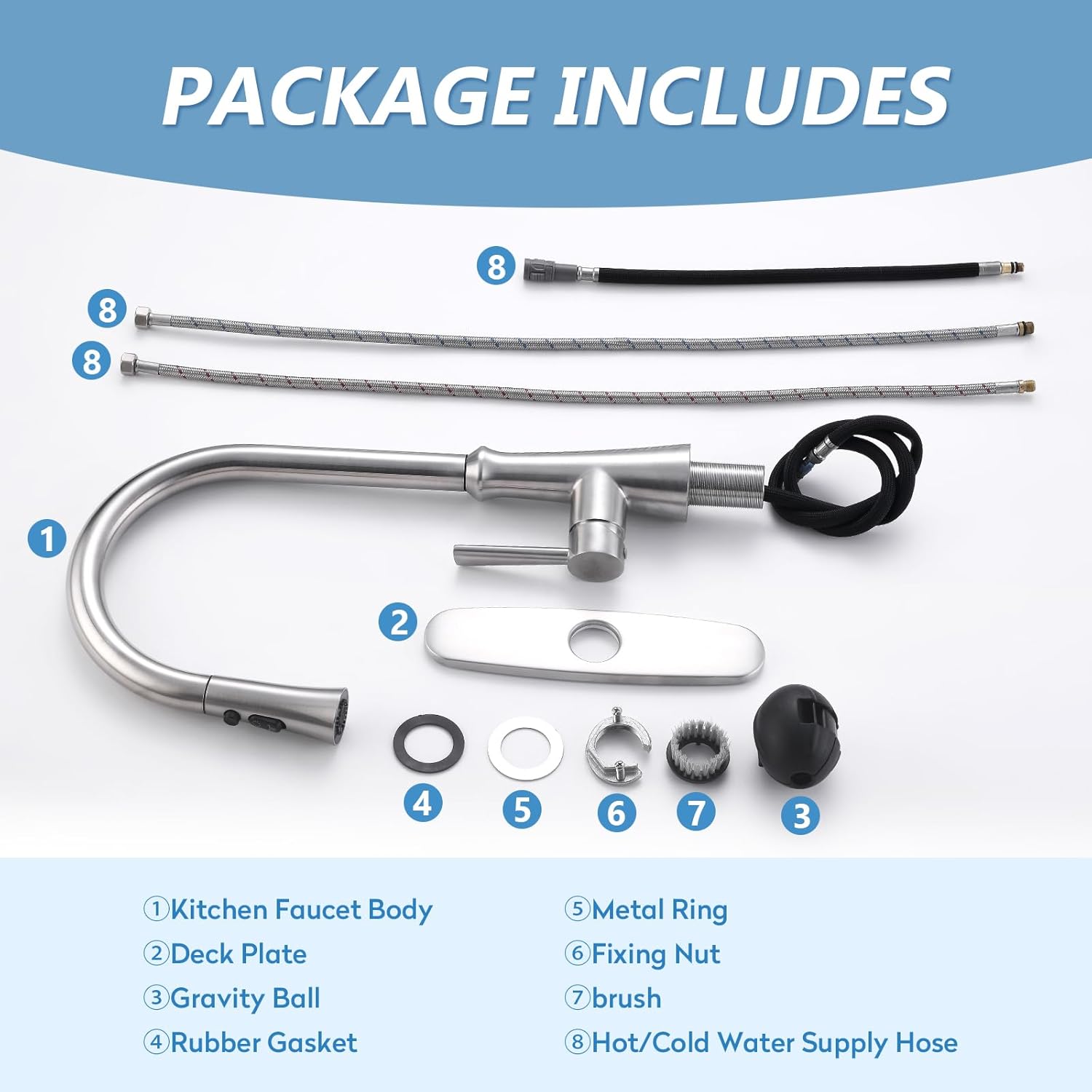 Aktines – Grifo de cocina de acero inoxidable con rociador extraíble, grifo de fregadero de cuello de cisne de arco alto con cepillo de limpieza,