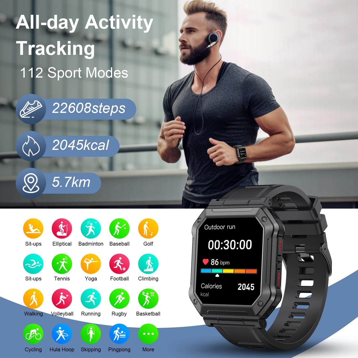 Reloj inteligente para hombre, rastreador de ejercicio (llamadarespuesta de llamadas) Bluetooth táctico militar reloj inteligente para teléfonos