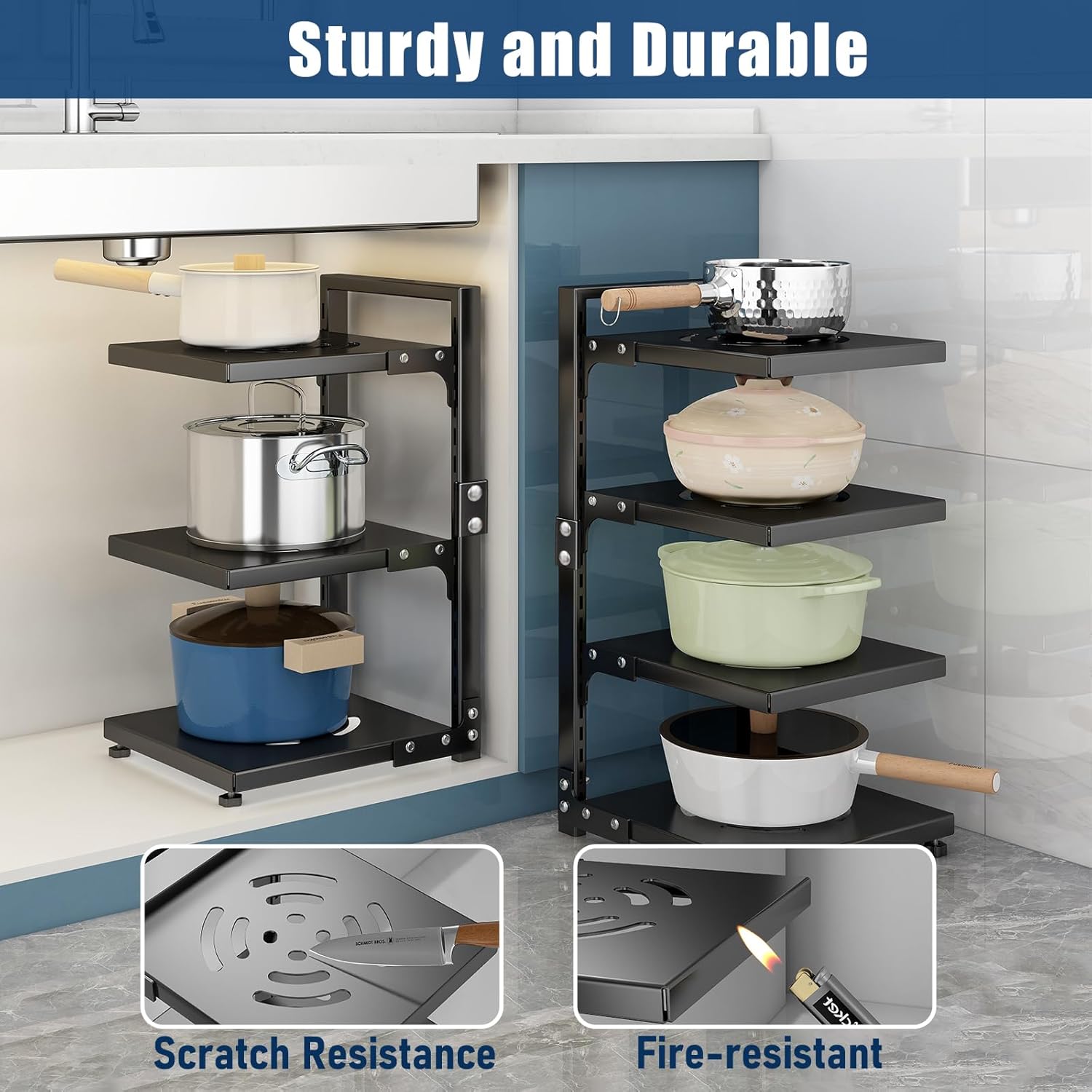 Organizador de sartenes ajustable de 7 niveles para gabinete, múltiples modos de uso, estante para ollas y sartenes para encimera de cocina y