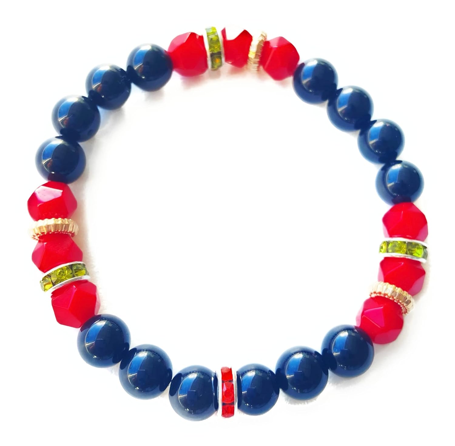 Black onyx and red jade protection bracelet- Rasta and Jamaican inspired natural stone stretch elastic beaded bangle jewelry