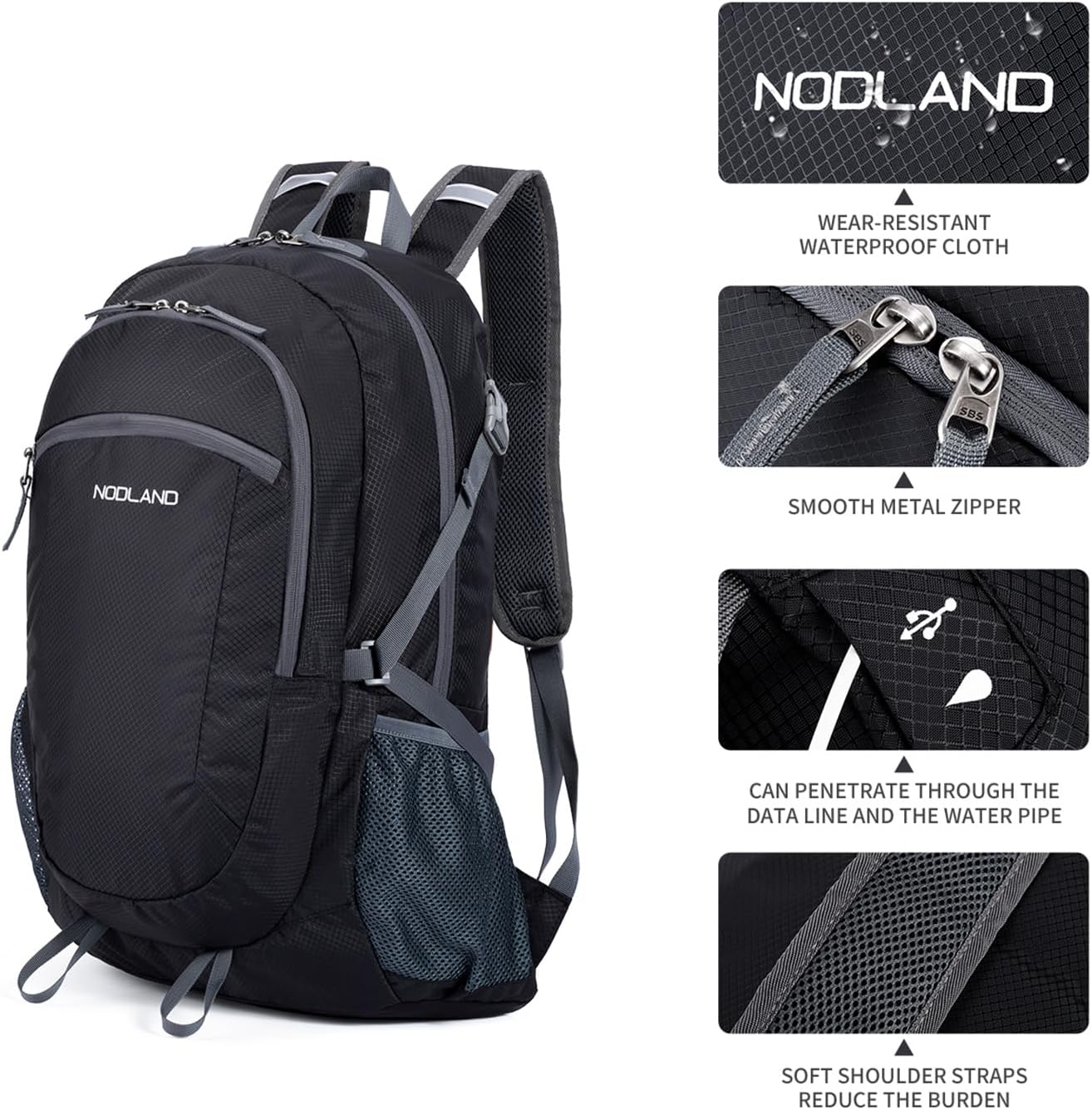 NODLAND – Mochila ligera y plegable para senderismo, 45L, resistente al agua, mochila de hidratación, Negro -, Mochilas Daypack