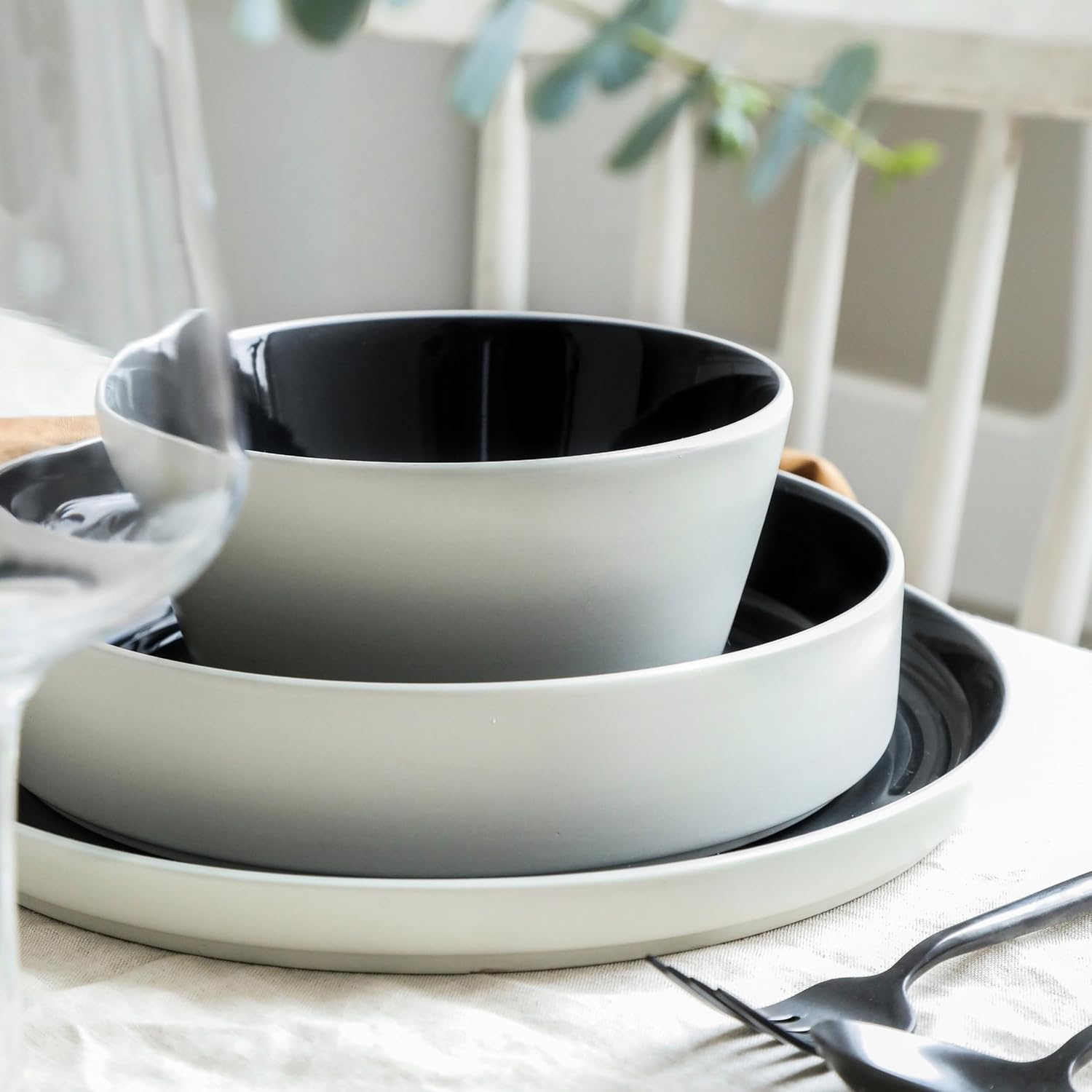 Stone Lain Elica – Vajilla de 12 piezas de gres, color negro y beige