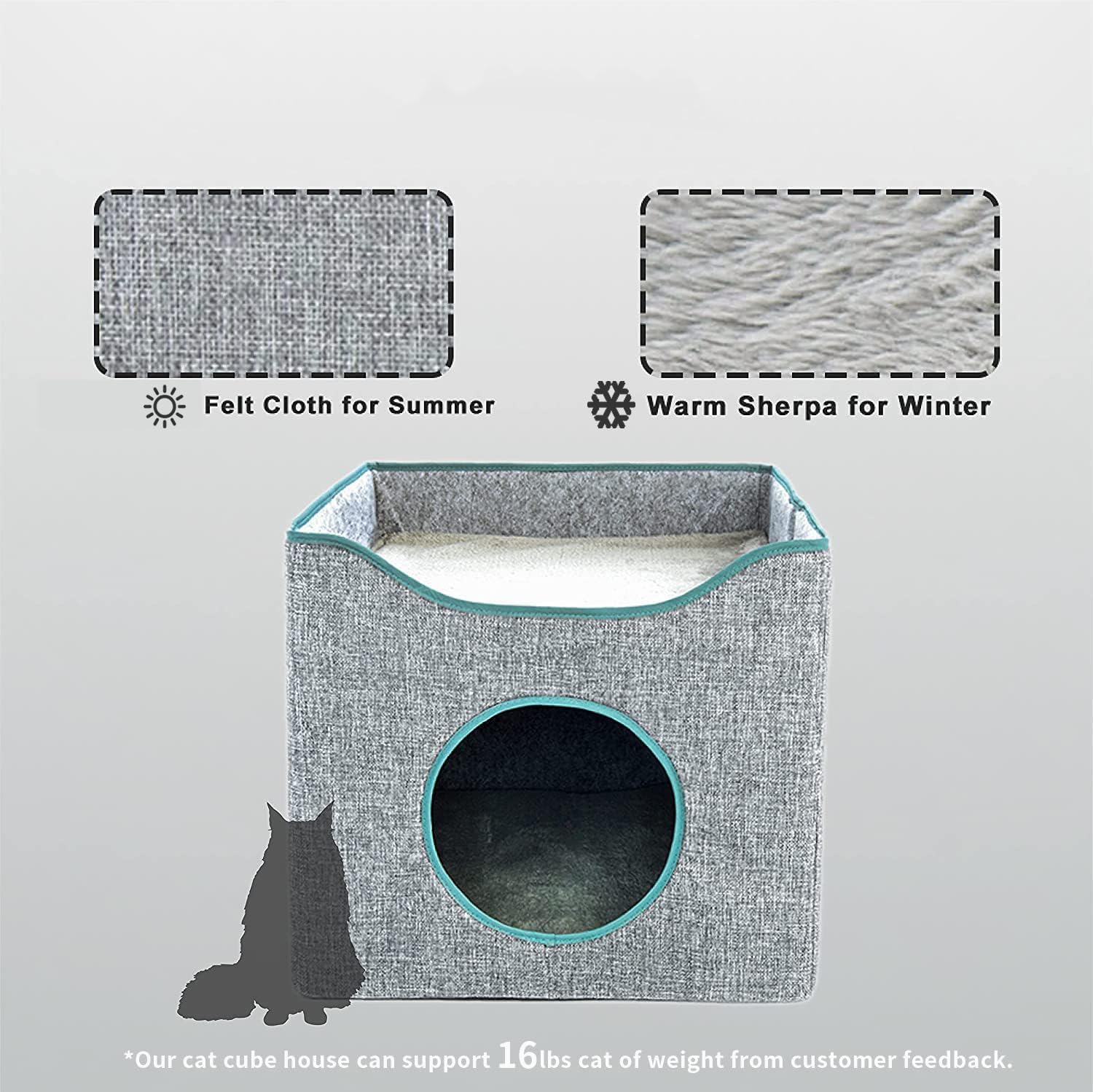 Jongee Cat Cube House – Casa plegable para gatos con cojín reversible y almohadilla para raspar para gatos pequeños de interior, gris, 13 x 13 x 15