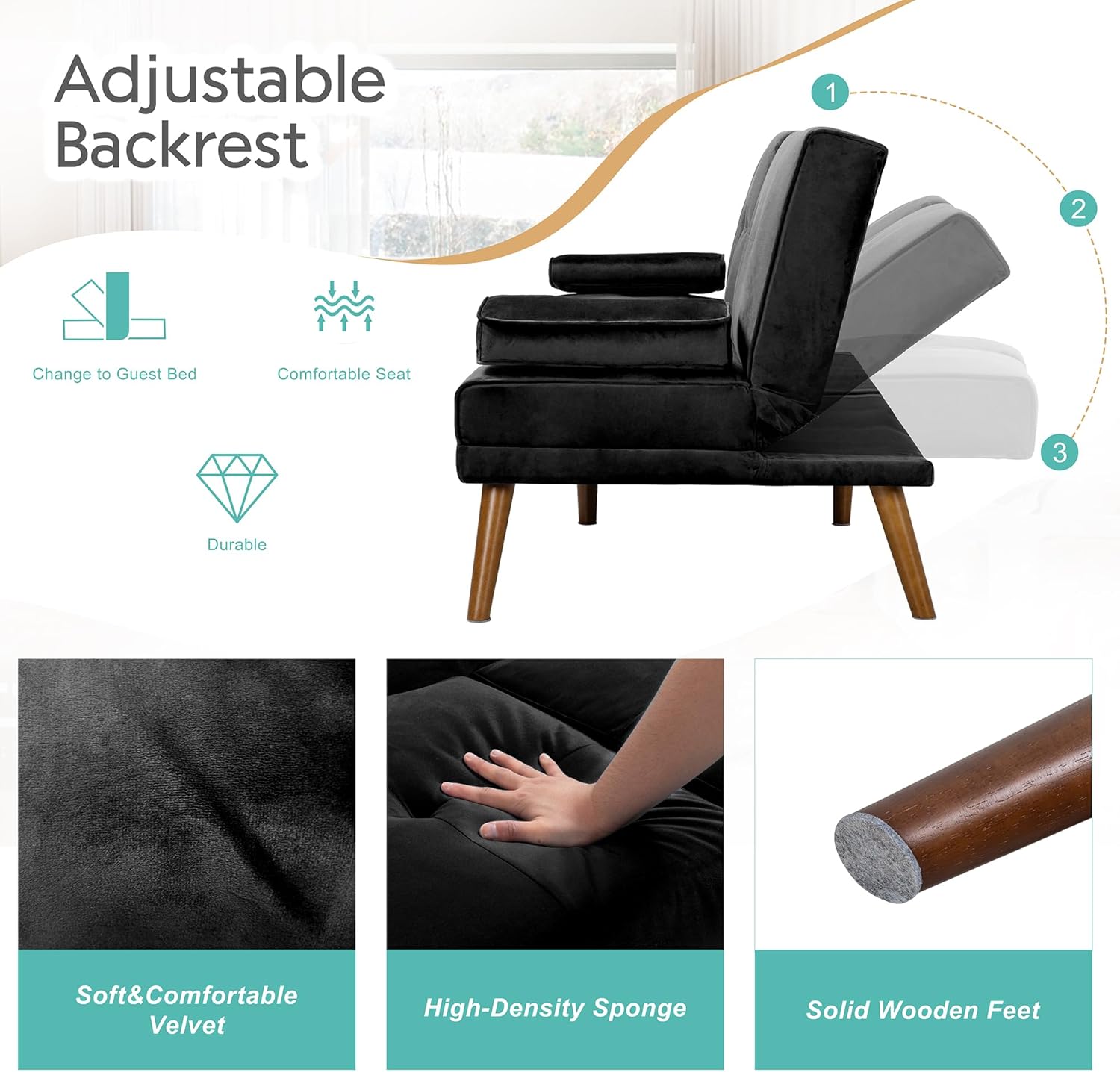 Meilocar Sofá cama de terciopelo de 60 pulgadas con reposabrazos extraíbles, cama de invitados ajustable para espacios pequeños con portavasos y 3