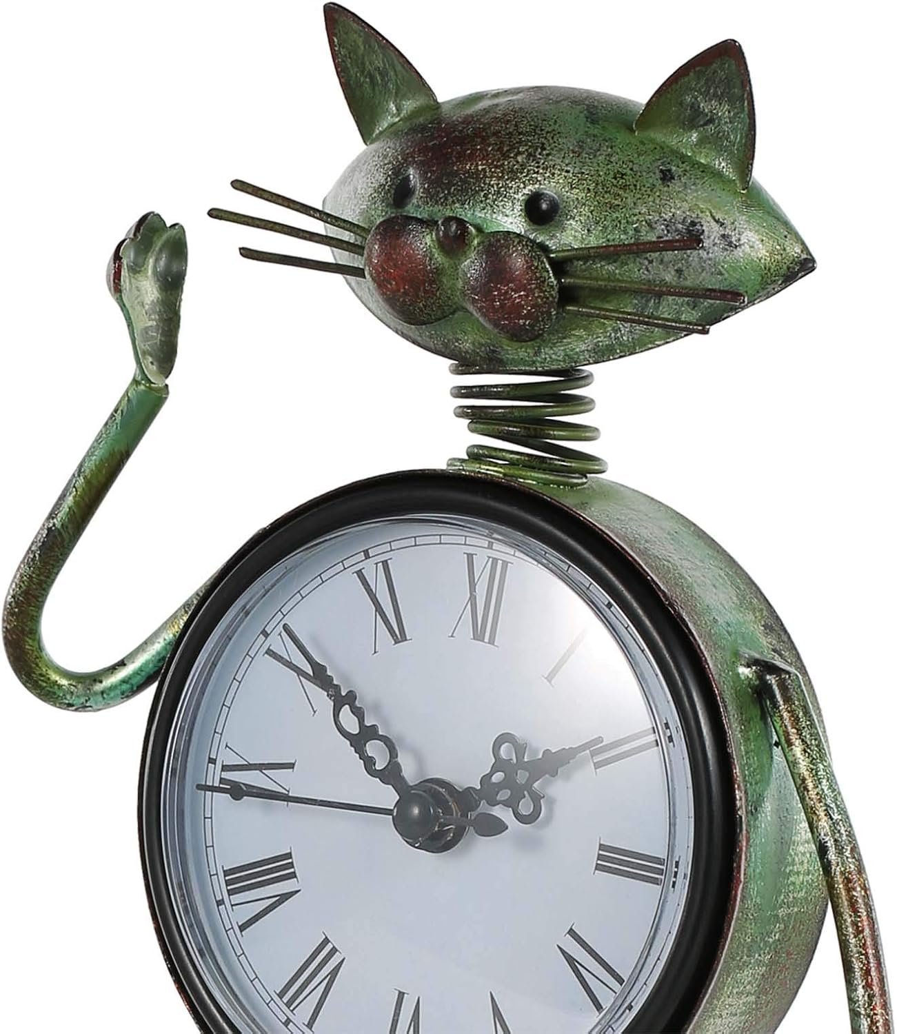 HUIOP Reloj de gato hecho a mano, estilo vintage, de metal, de hierro, estatuilla de gato, reloj de mesa silencioso, práctico reloj con batería AA