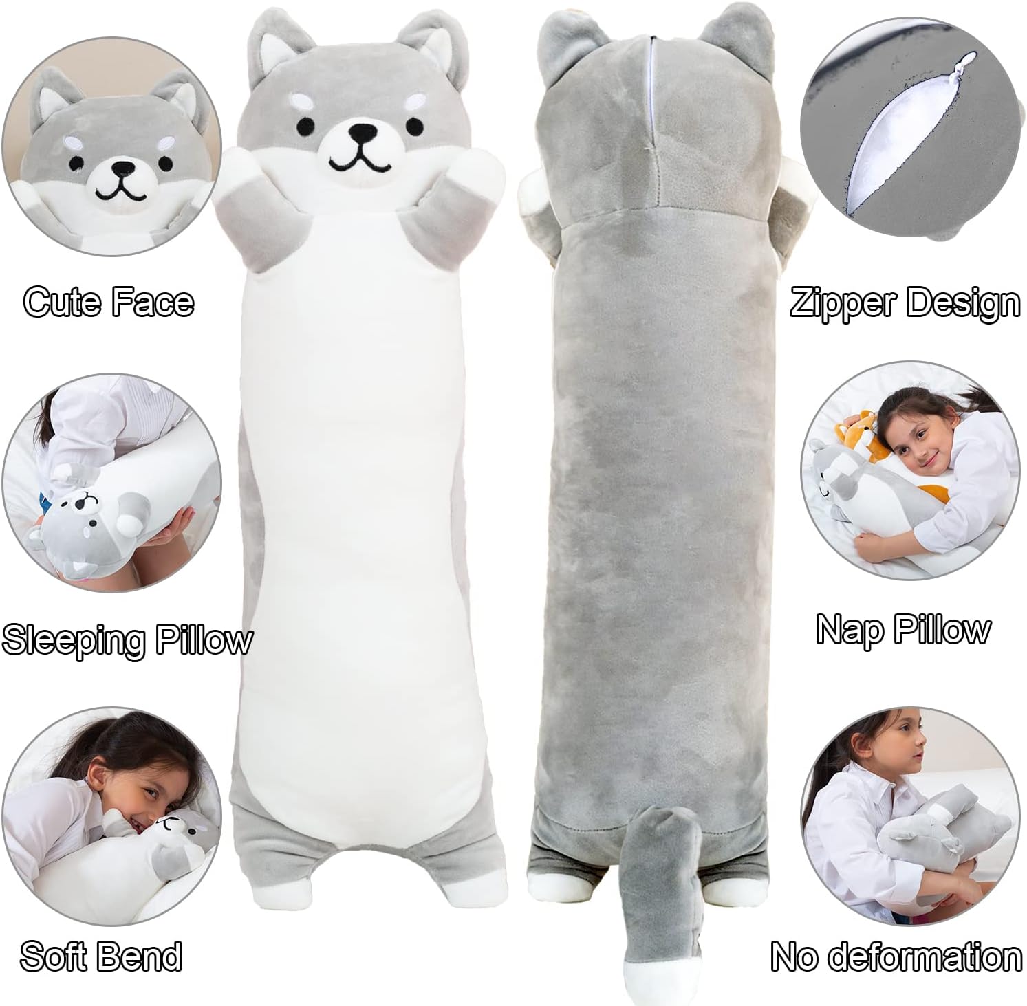 Kekeso Almohada larga de felpa Shiba Inu gigante de animales de peluche para perro, almohada corporal de felpa Corgi, perro suave de dibujos