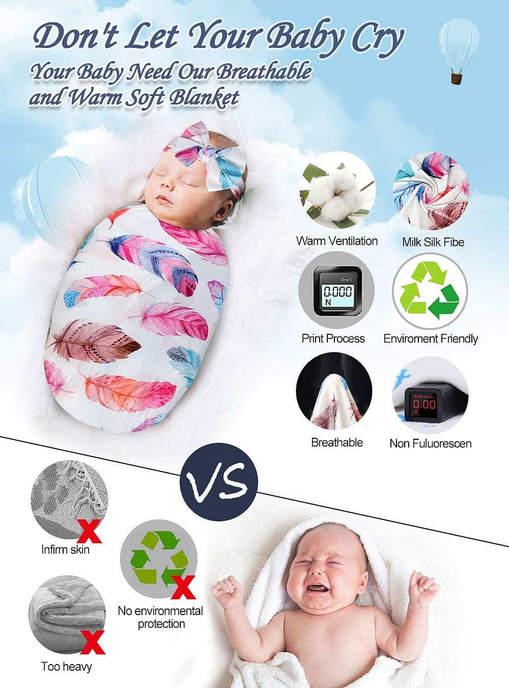 Set de manta y banda para la cabeza para recién nacido, envoltura para bebé unisex suave, regalos para niño y niña