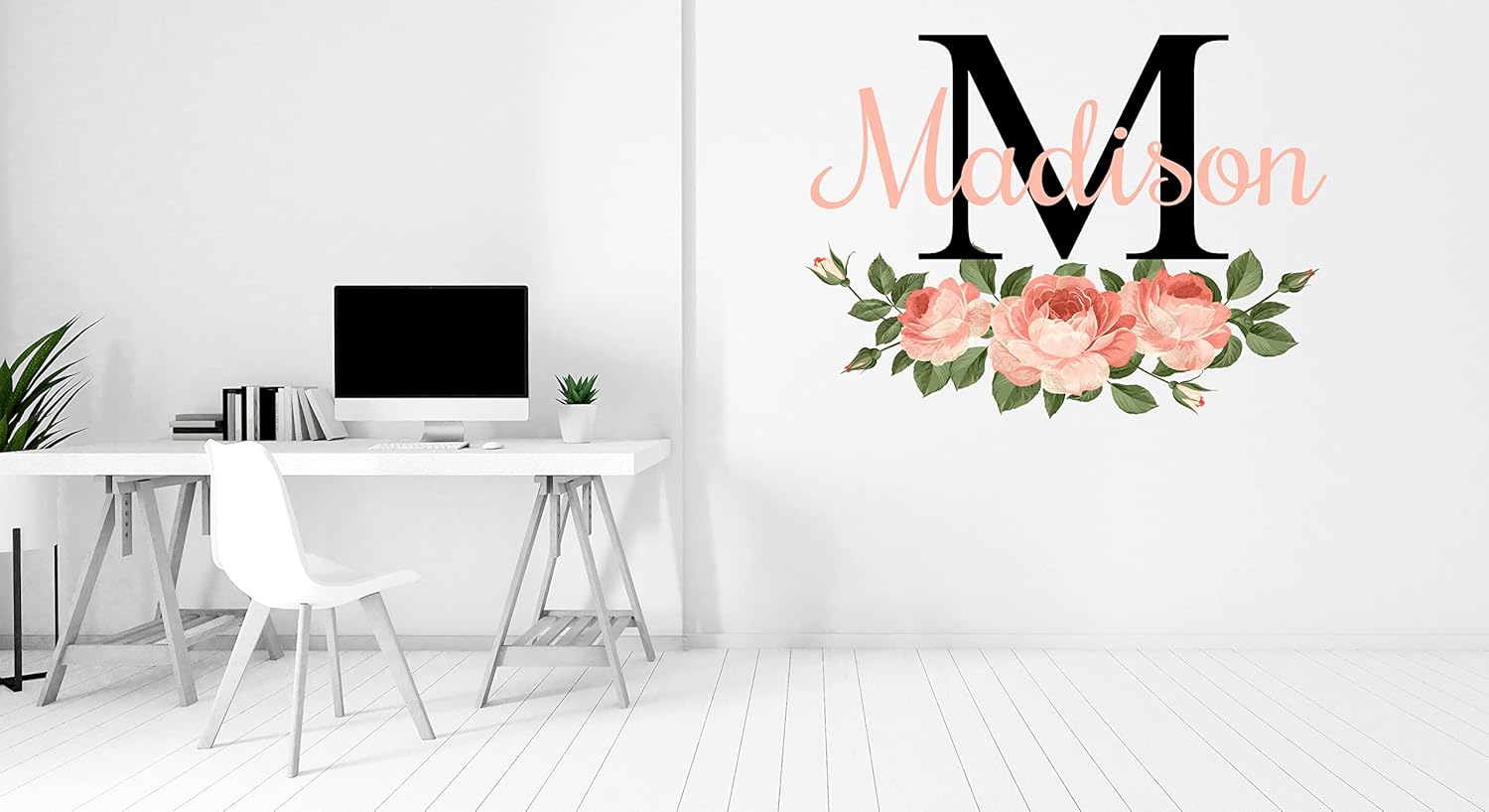 CuteDecals Calcomanías de pared personalizadas con nombre y inicial de flores, decoración artística de peonías, calcomanías murales de niñas para