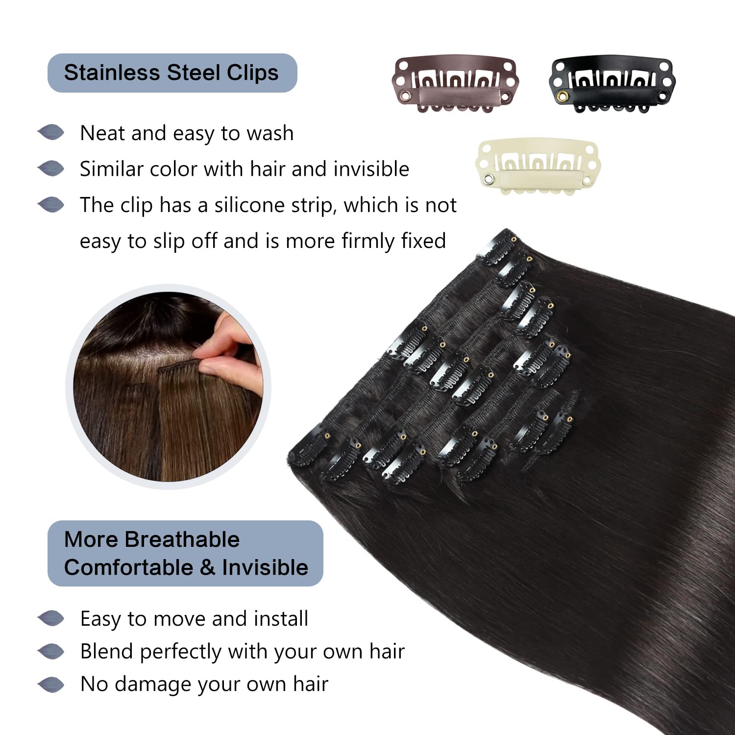 Sunya Extensiones de cabello humano real con broches, color negro natural, extensiones de cabello humano lacio de doble trama, 18 pulgadas, #1B, 8