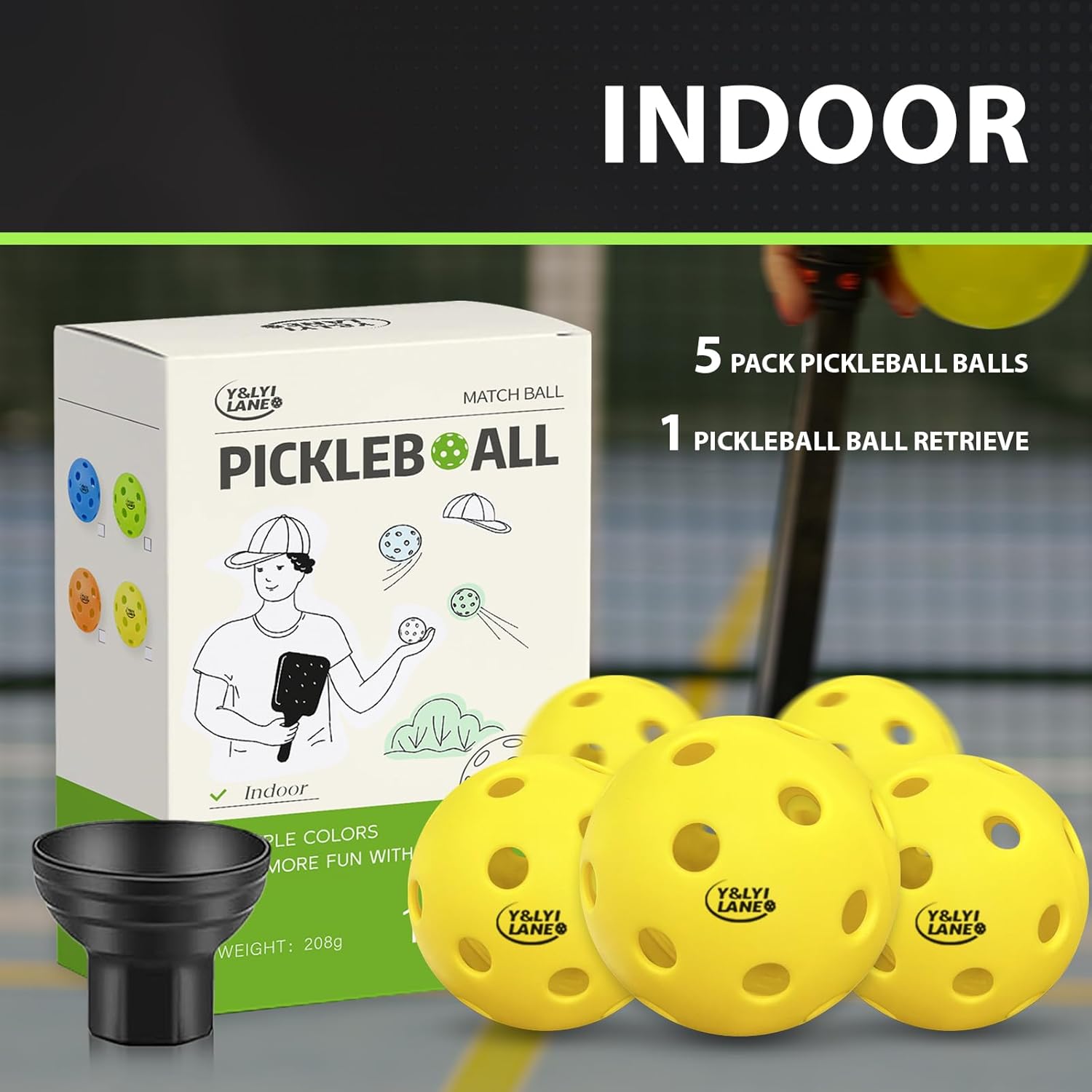 Y&LYILANE Pickleball Balls- 5-Pack and a Pickleball Ball Retriever,High Bounce True Flight, Durable,Suitable for All Levels of Players