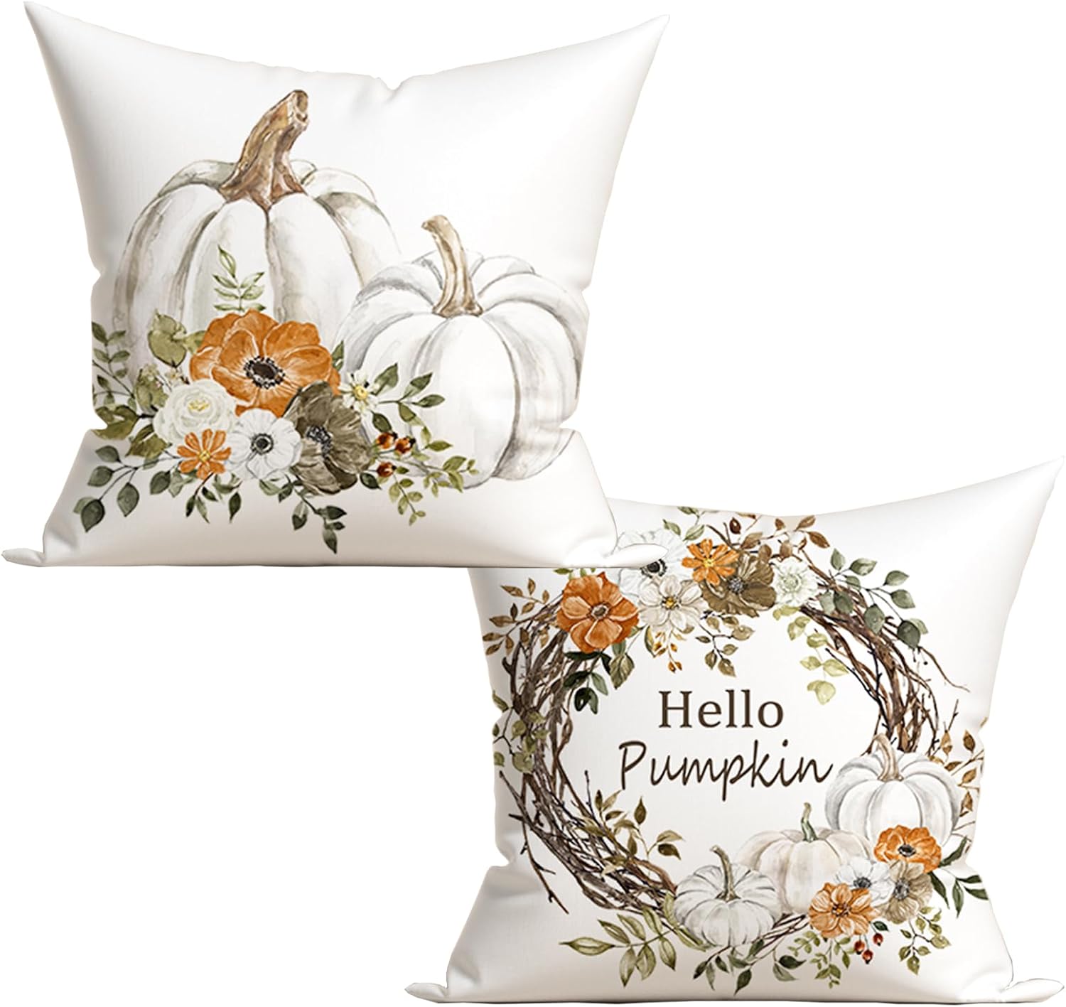 Juego de 2 fundas de almohada decorativas de otoño de 16 x 16 pulgadas, diseño de calabazas grises y blancas, flores naranjas, cosecha de Acción de