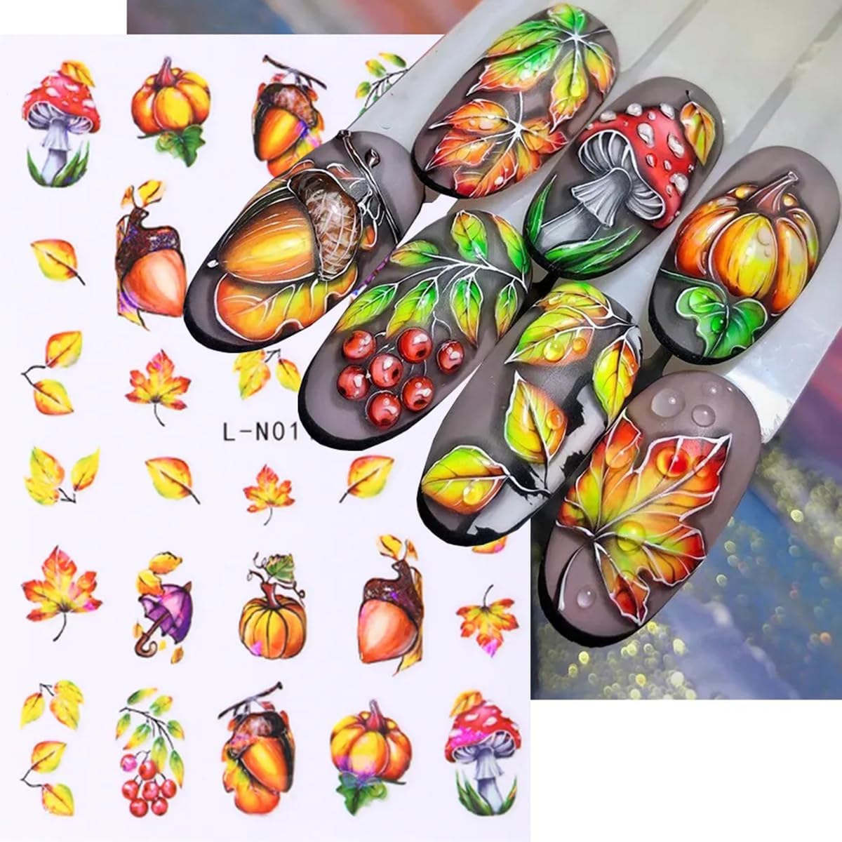 6 hojas de hojas de arce de otoño, calcomanías de arte de uñas, diseños autoadhesivos 3D, hojas de arce de otoño, hongos, calcomanías de uñas para