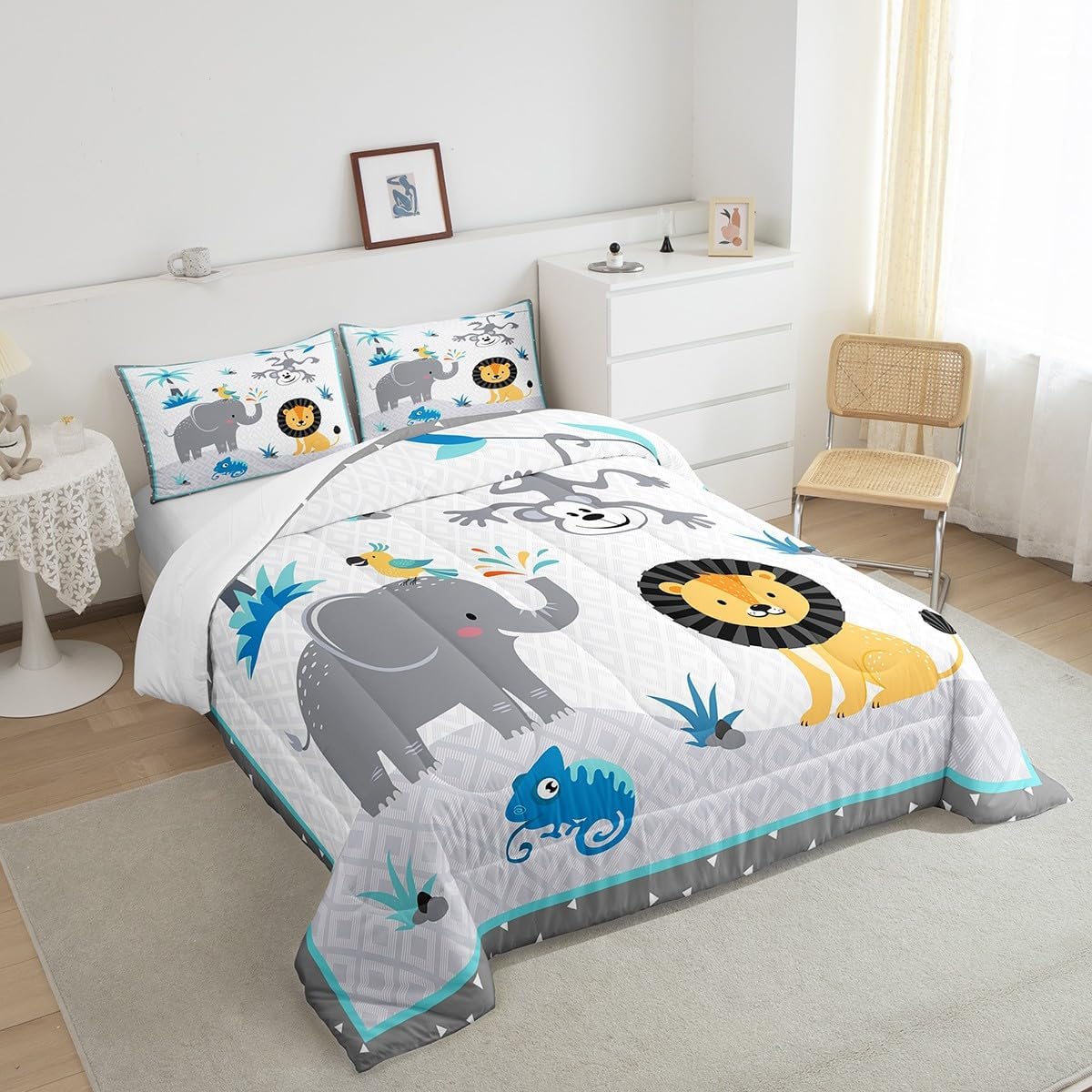 Wild Animals Comforter Set,Lion and Monkey Bedding Set for Kids Girls Women,Adults Elephant Comforter,Geometric Stitching Quilted Duvet Set Bedroom