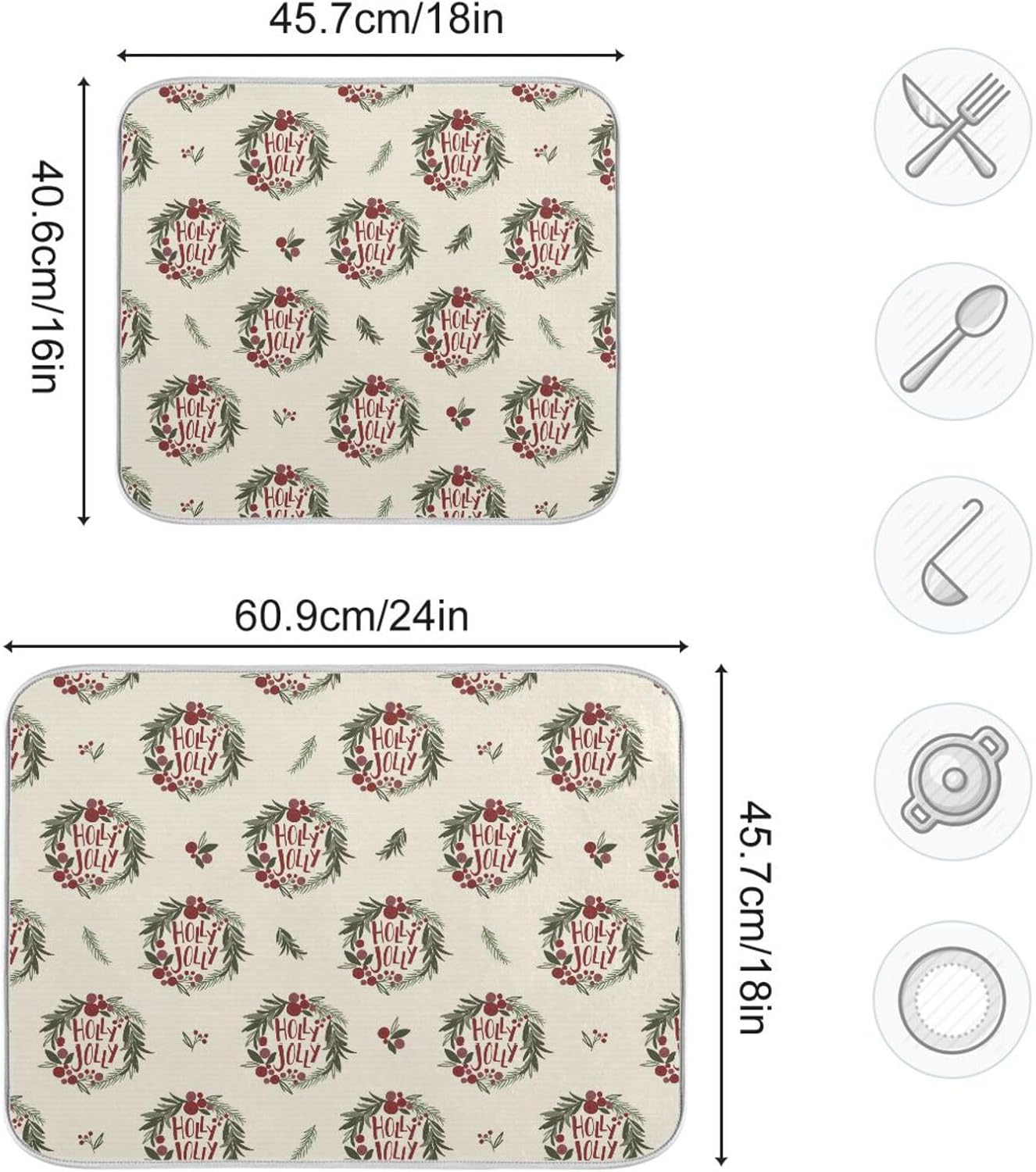 Christmas Wreath Drying Dish Mat Washnable Absorbent Counter Mat Kitchen Dish Drainers Mat Tapete Para Cocina 16” x 18”