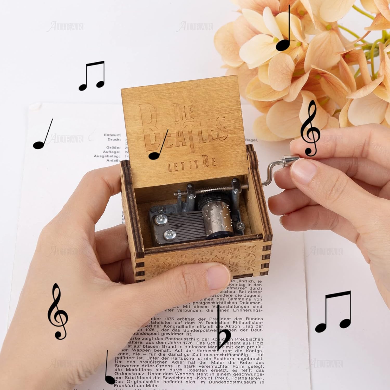 AUEAR, Caja de música de madera Let It Be con manivela grabada con láser, caja musical vintage, caja musical pequeña, regalo único para cumpleaños,
