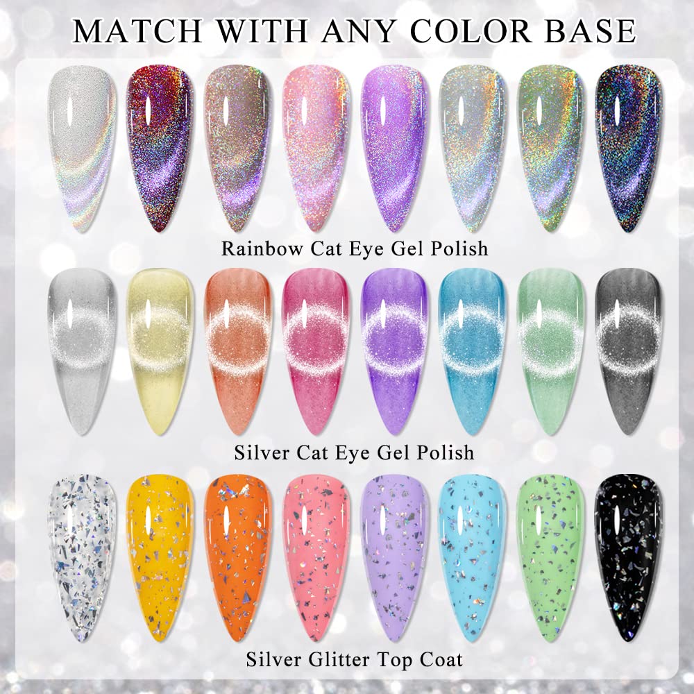 MIZHSE Juego de 8 esmaltes de uñas de gel con purpurina plateada, estilo múltiple todo en 1, brillo reflectante, arco iris, ojo de gato, esmalte de