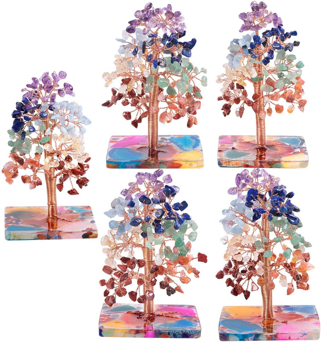 TUMBEELLUWA Árbol de dinero de cristal de 7 chakras con base de piedras coloridas, base de resina, decoración de bonsái para la oficina en casa,
