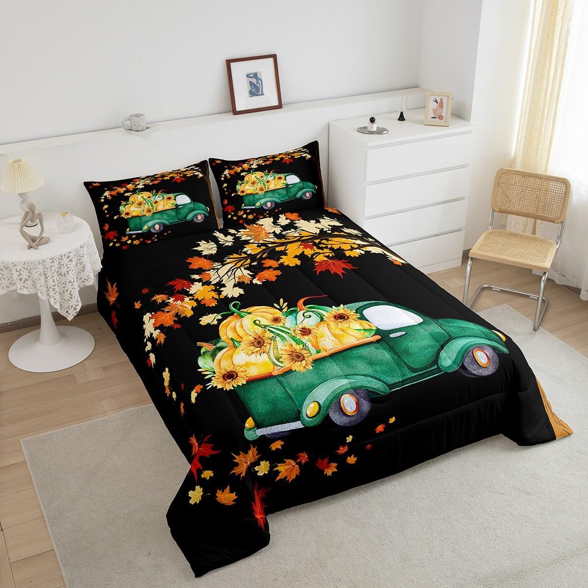 CYJS11386ZMD-BZ_USk – Juego de edredón de otoño con diseño de calabaza, camión, automóvil, hojas de arce, cosecha de otoño, rústico, para niños,