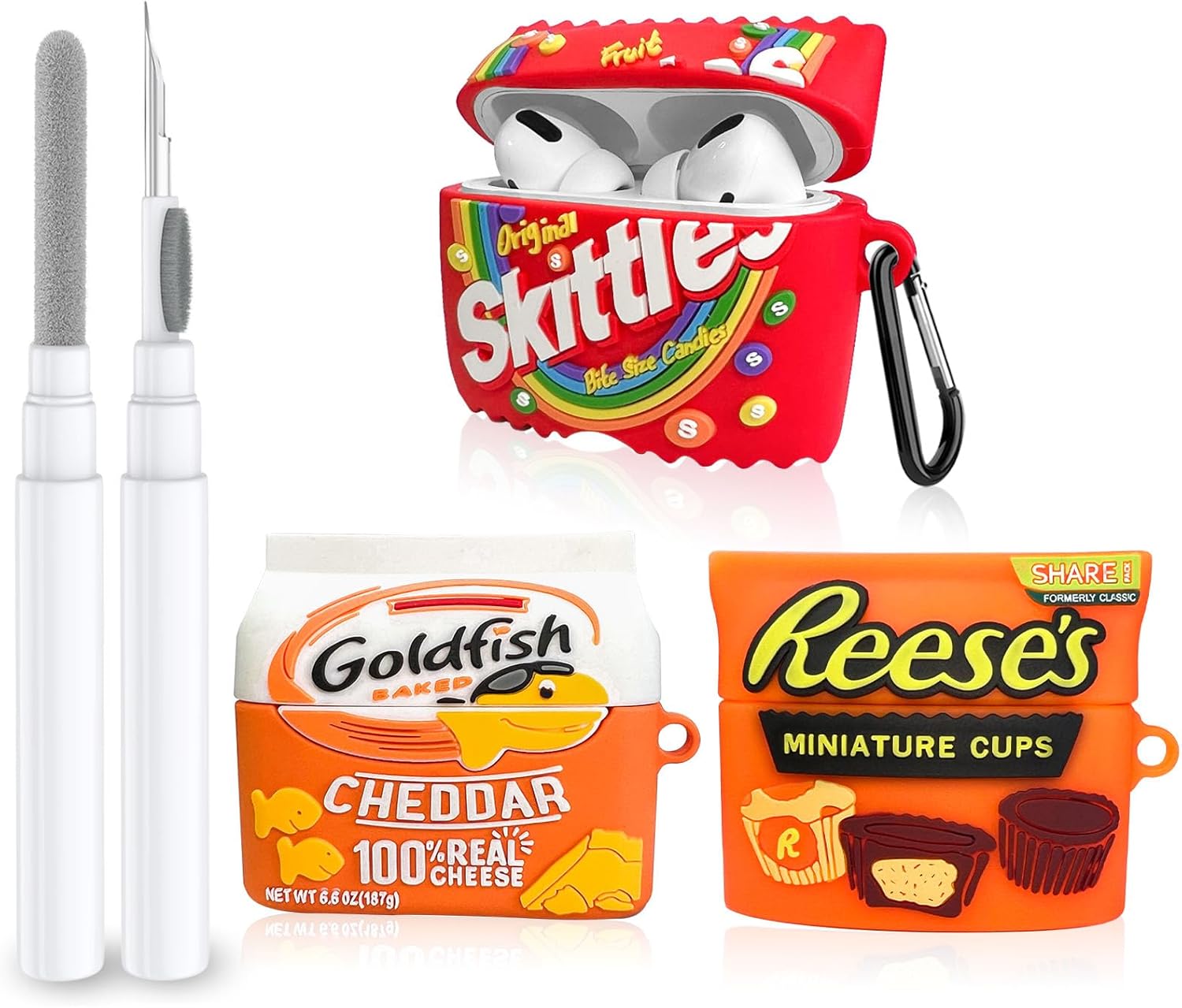 Paquete de 3 bonitas fundas para Airpod Pro con kit de limpieza, 3D Kawaii dibujos animados divertidos Goldfish & Rainbow Candy&Chocolate Food Funda