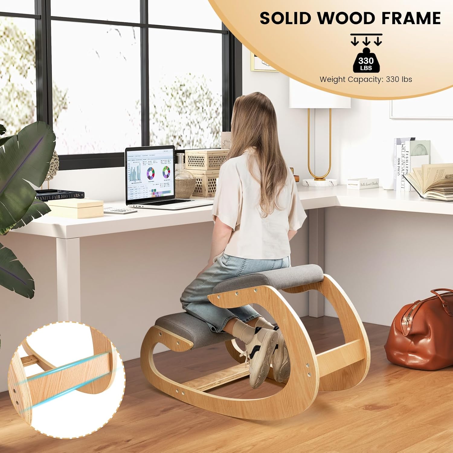 Giantex Silla ergonómica arrodillada, silla de postura para escritorio con cojín, marco de madera maciza, carga máxima de 330 libras, cómoda silla