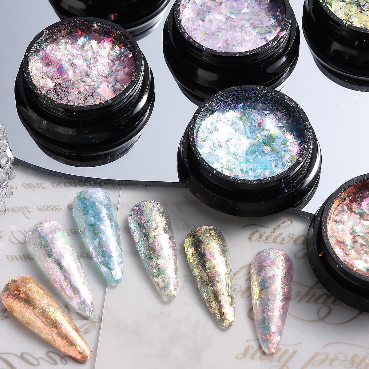 Juego de purpurina iridiscente para uñas, 6 copos de polvo cromado, efecto Aurora para uñas, escamas de ópalo de fuego de cristal rosa, azul,