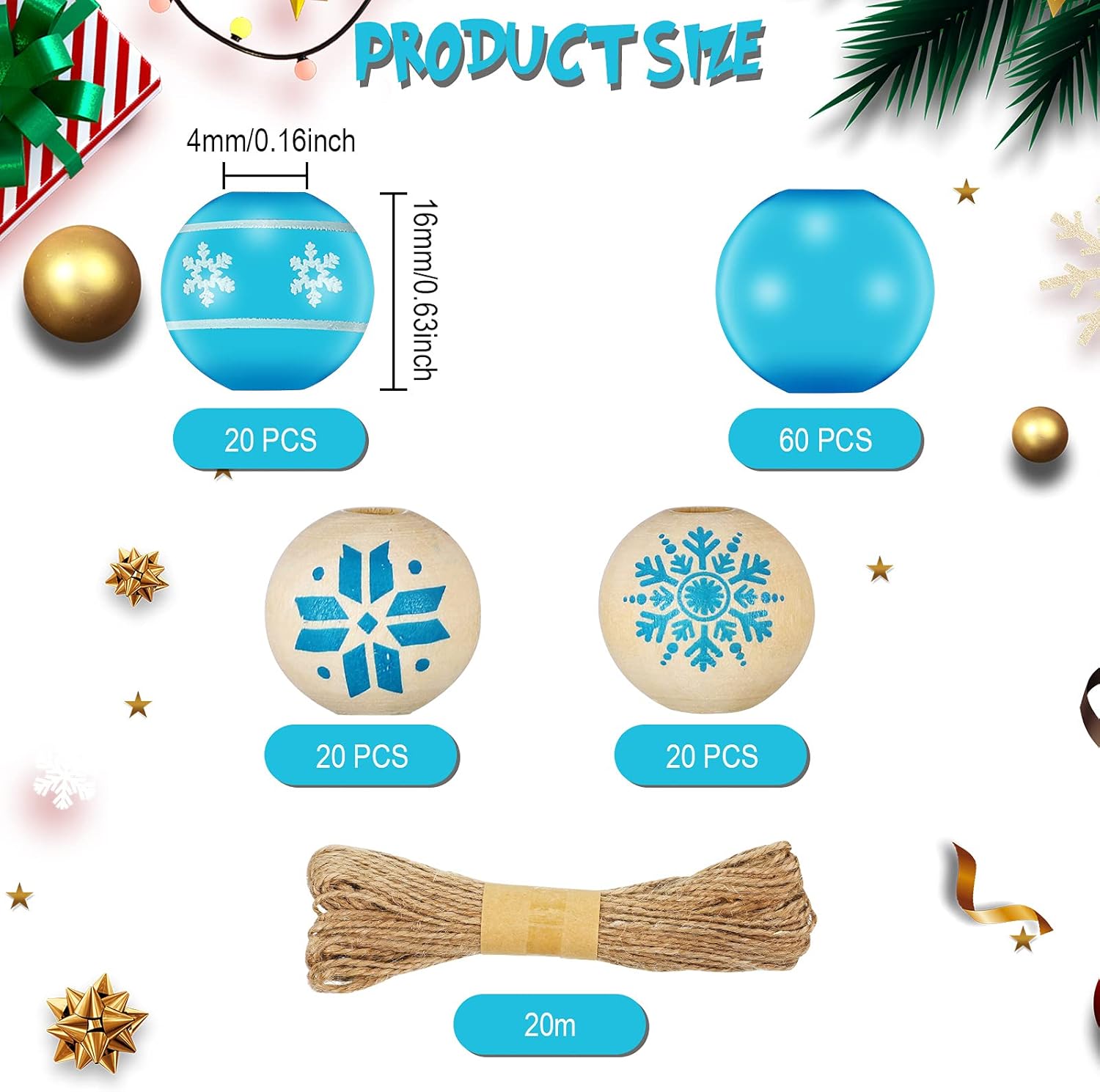 120 cuentas de madera de 0.6 pulgadas, cuentas de madera de Navidad, cuentas de madera natural, cuentas redondas de madera para manualidades con